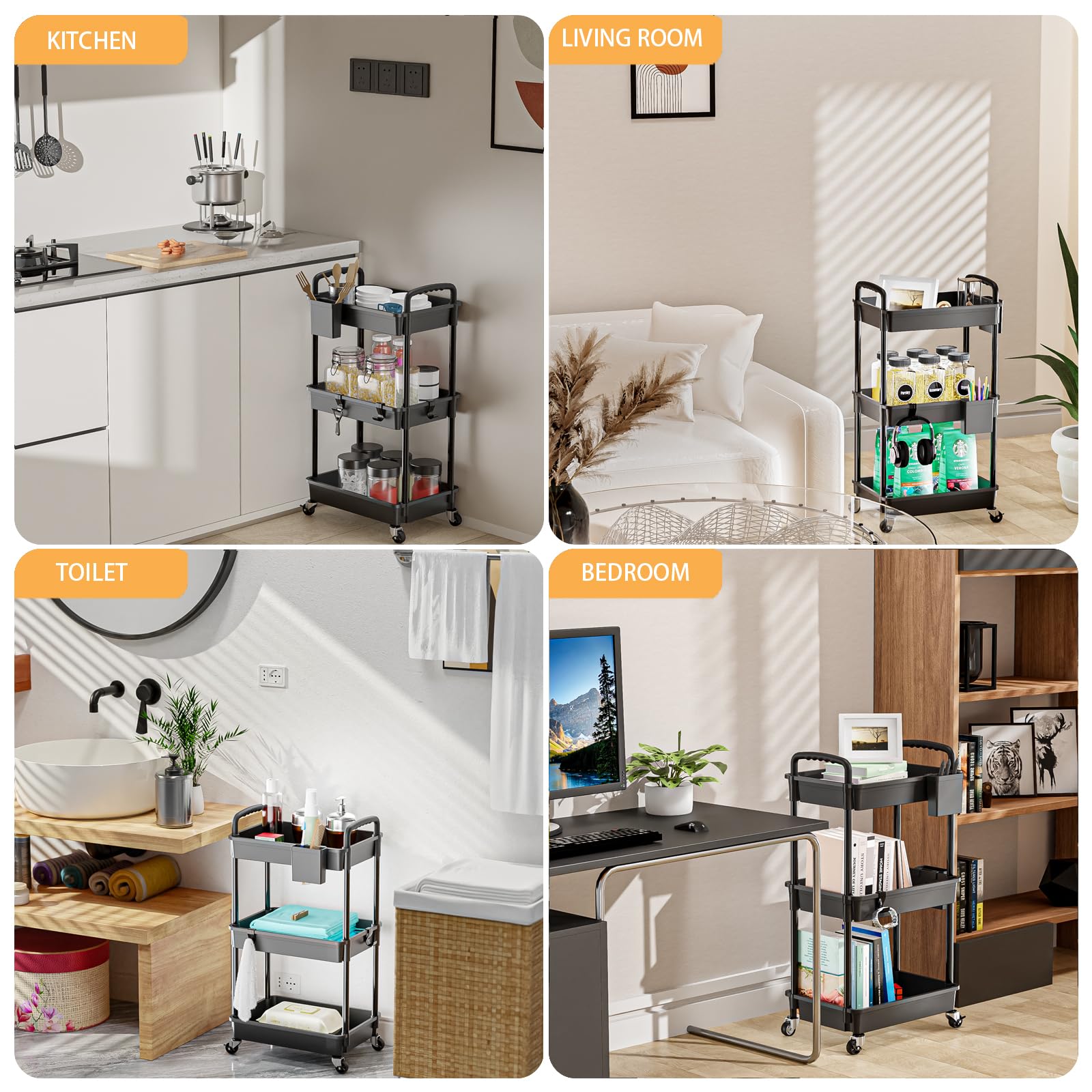 Carrito utilitario rodante de 3 niveles con asa, carrito utilitario REBECAT hecho de herramienta organizadora de almacenamiento multifuncional para cocina, baño, sala de estar, oficina (negro)