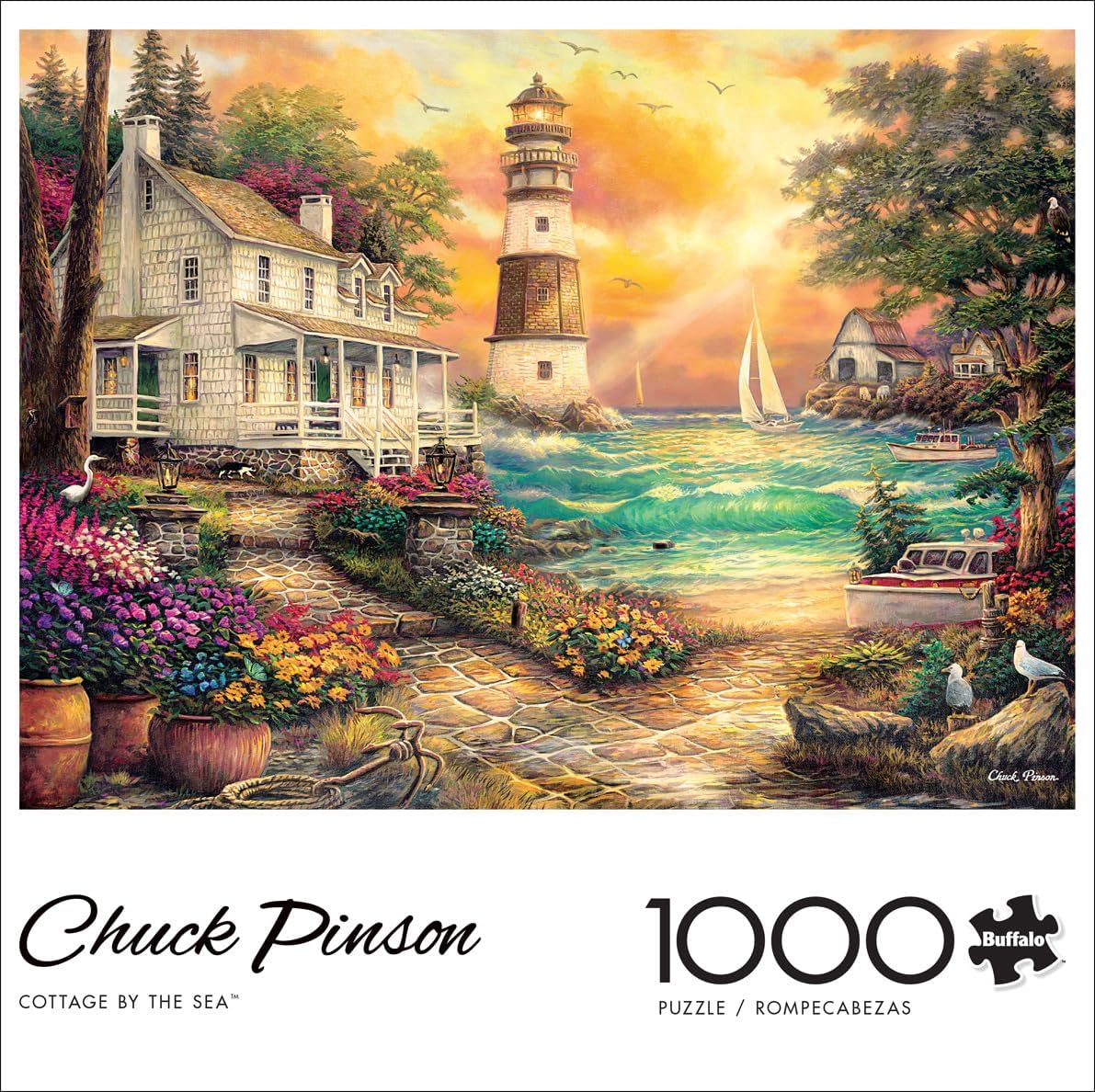 Buffalo Games Chuck Pinson - Cottage by the Sea - 1000 Piece Jigsaw Puzzle - 26.75 x 19.75 in, Pack of 1, Poster - Serene Beach Scene - Full Color Diagram - Jigsaw Puzzles for Adults