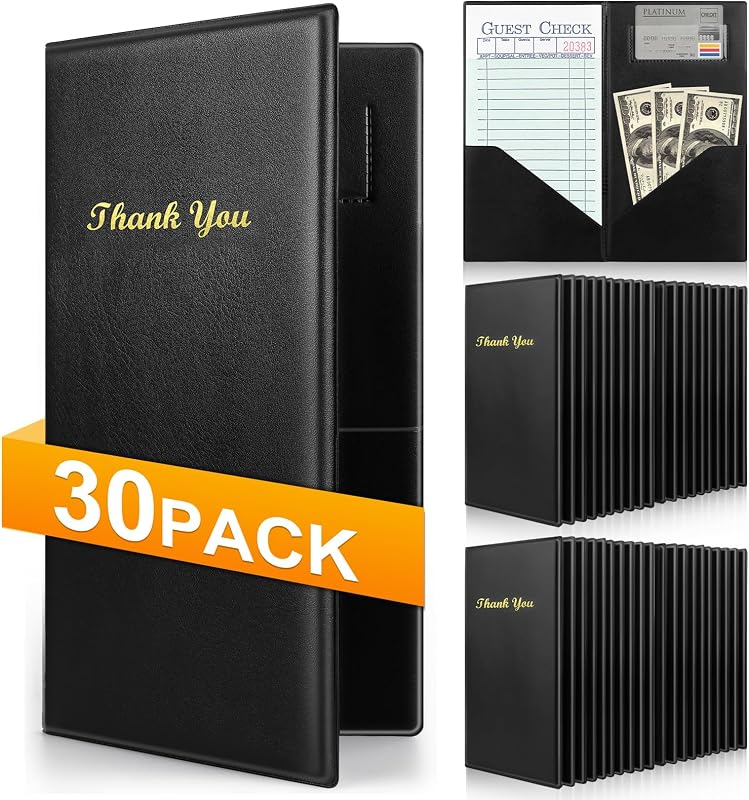 ZENOWICK 30 Pcs Server Books, Check Presenters for Restaurants | PVC Server Books for Waitress, Guest Check Holder with Money Pocket, Fit Server Apron, Black