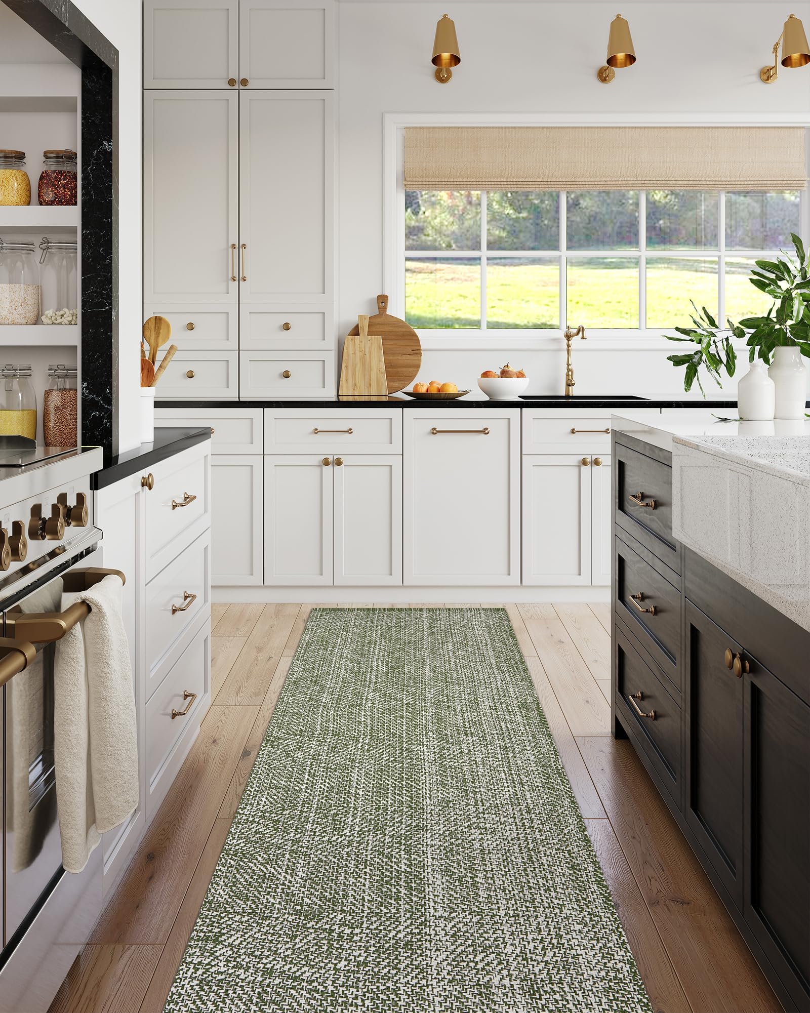 LEEVAN Hallway Runner Rug 2.6x10 ft, Cotton Woven Washable Runner Rug, Green Braided Low Pile Kitchen Runners Rugs, Modern Bathroom Rugs Long Front