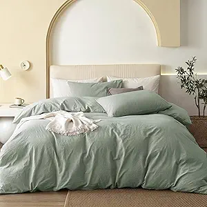 JIYUAN 100% Washed Cotton Duvet Cover Set 3 Pieces Super Queen, 1 Duvet Cover 90x98 Inches(Comforter Not Included) and 2 Pillowcases,Linen Feel Bedding Set Comfy and Breathable, Heathered Sage Green