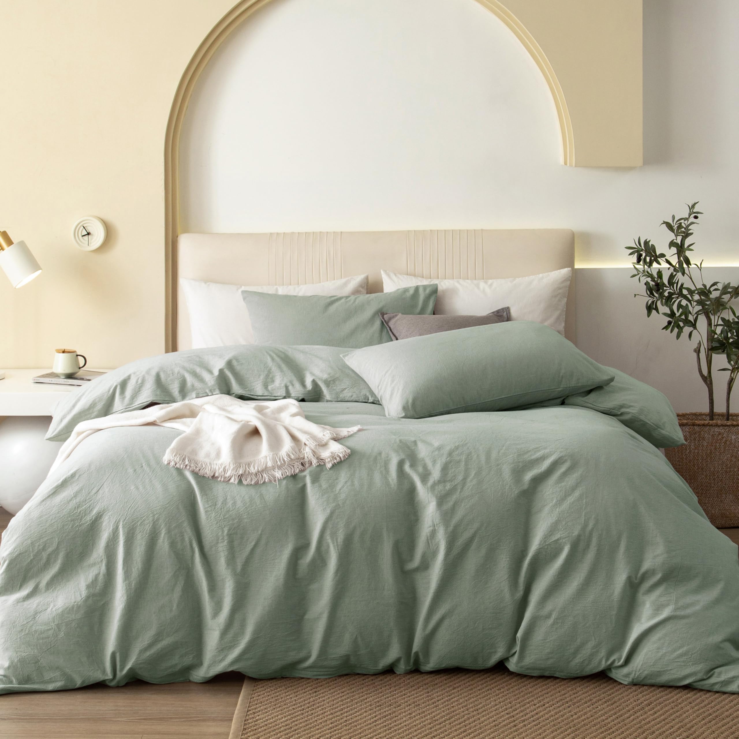 JIYUAN Full Size Duvet Cover Set, 3-Piece - 100% Washed Cotton, Linen-Like Soft & Breathable with Zipper Closure, Includes 80x90 Inch Cover & 2