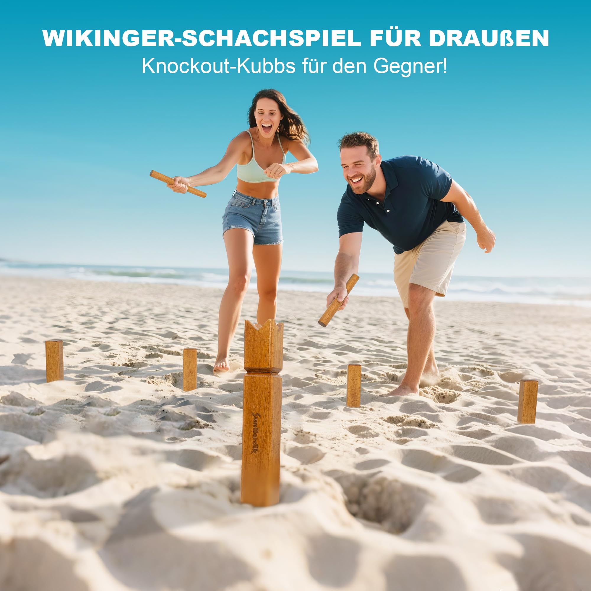 SunNordik Kubb Jeu d'échecs viking suédois en bois d'hévéa de qualité supérieure, avec sac de transport en toile et instructions de jeu (français non garanti), robuste, pour enfants et adultes
