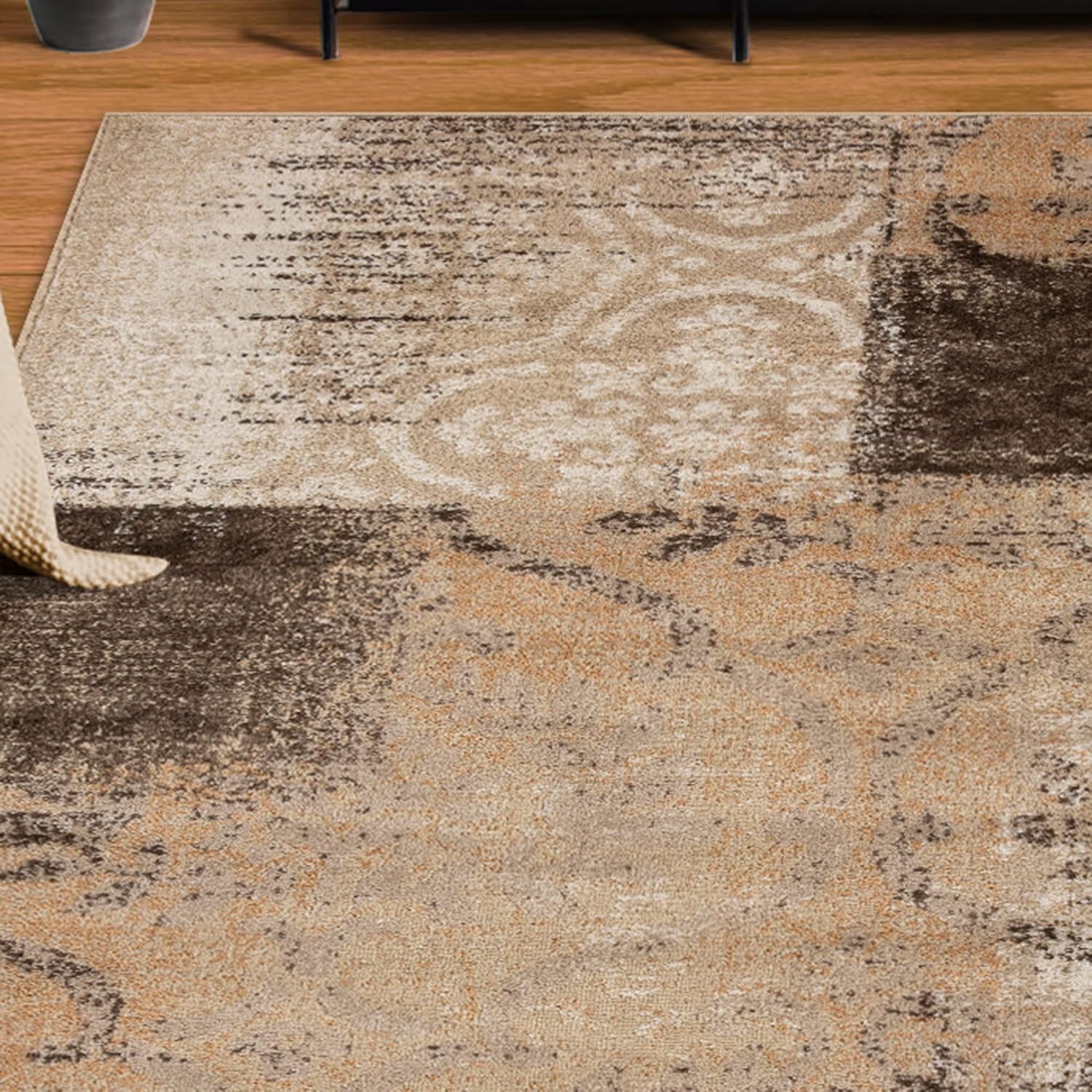 BNM Indoor Small Area Rug with Jute Backing, Perfect for Office, Living Room, Bedroom, Entryway, Dorm, Kitchen, Geometric Floral Patchwork Decor, Bristol Collection, 4' x 6', Beige-Camel
