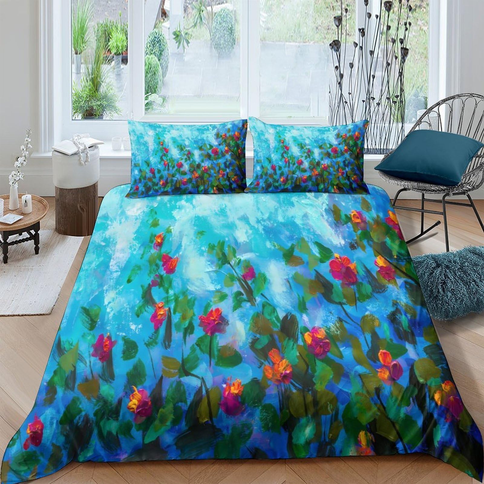 Ctjqhvkz Style-4 3D Printed Water Lily Pond Fitted Sheet Microfiber Blue Artistic Bed Cover Bedroom Guest Room Decor Washable Single（135X200cm）