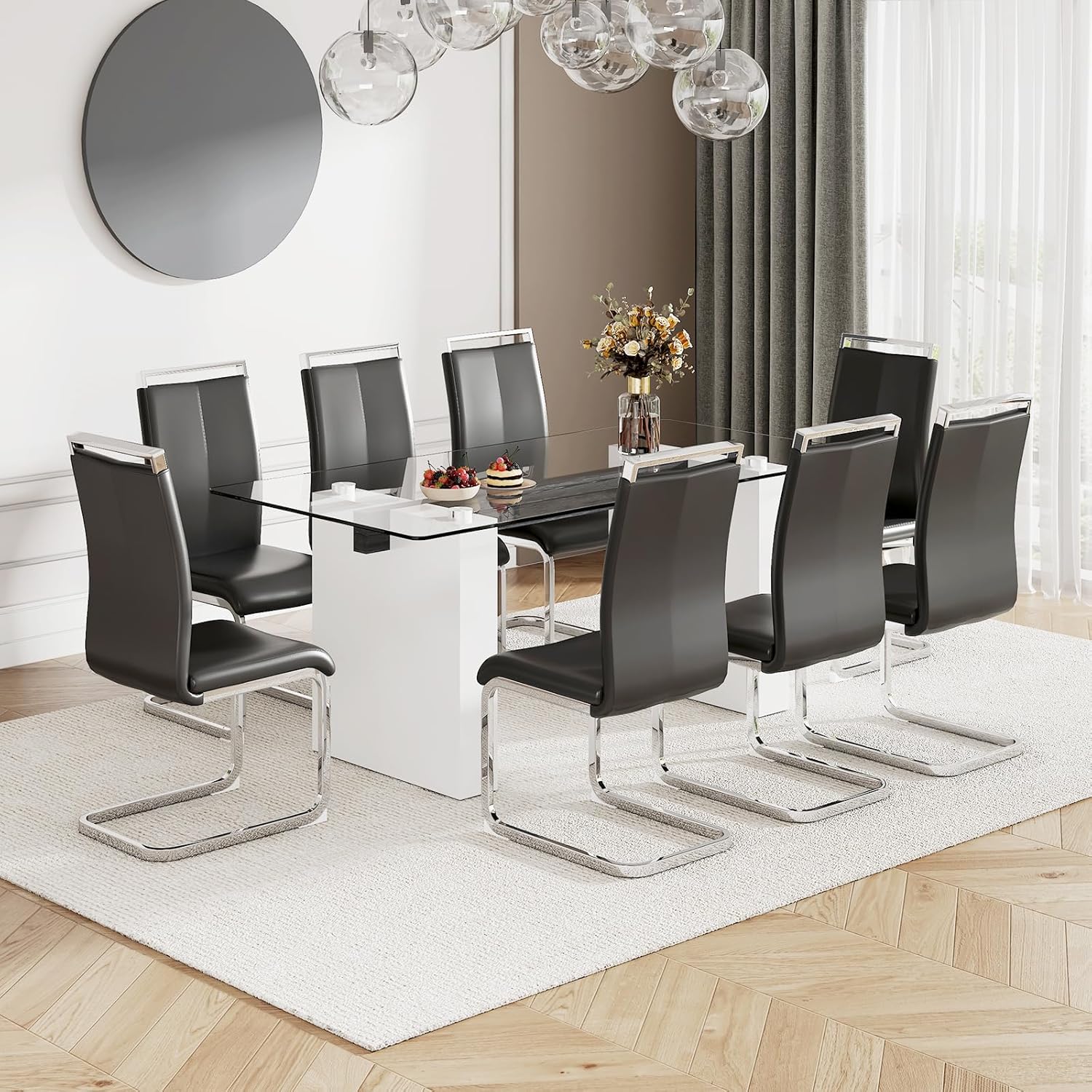 71” Dining Table Set for 8, Modern Tempered Glass Table