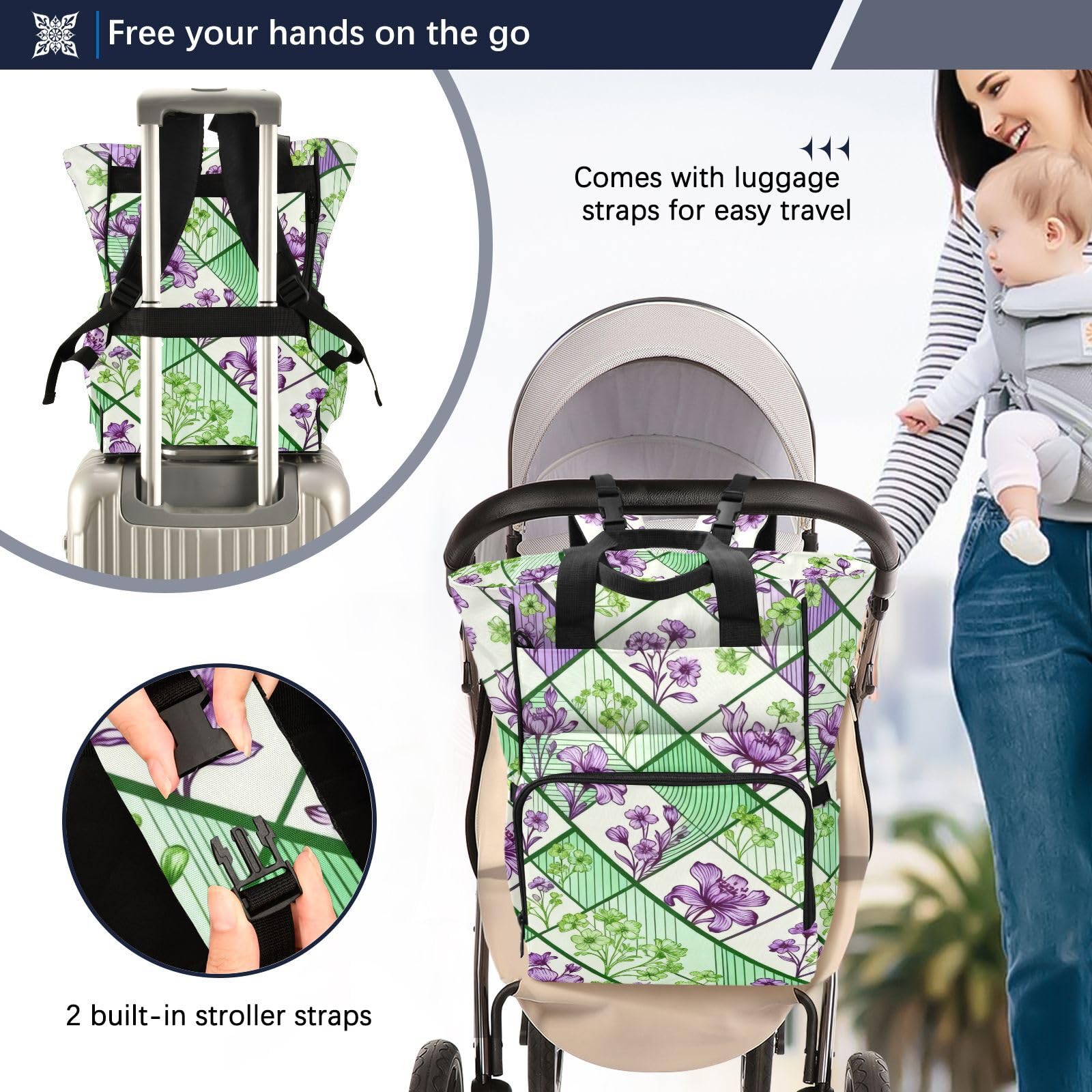 Baby Essentials torba na pieluchy zielony i fioletowy kwiat w kratę