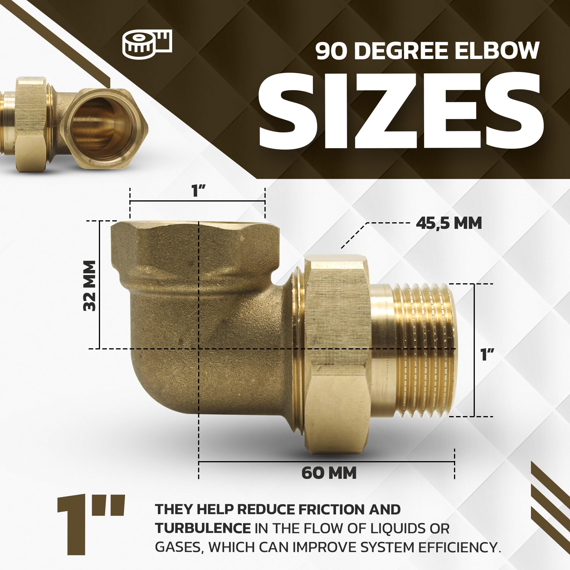DOJA Barcelona | Racor Codo 90 Grados | 1" | M-H | Pack 3 | Codos 90º con Racor y Junta Tórica | Codo Latón | Anillo de Sellado | Accesorios Tuberia | para Tubo Grifo Jardin, Tuberias Exterior