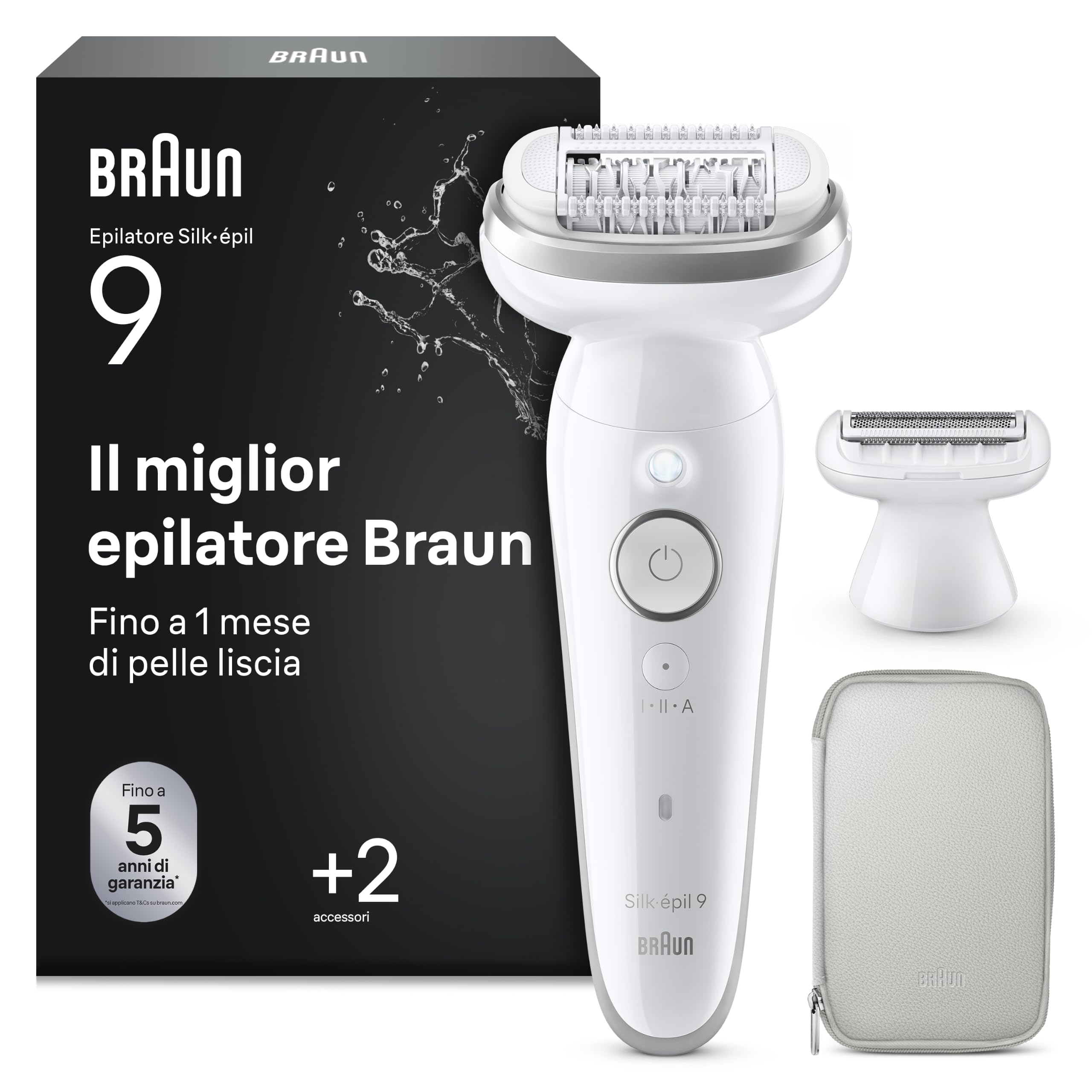 Braun Silk-Épil 9 Epilatore Elettrico Donna con Testina Flessibile, Wet&Dry, Pelle Liscia a Lungo, con Testina per Rasoio Elettrico Donna e Cappuccio Rifinitore, Depilatore Braun 9-041 Bianco/argento
