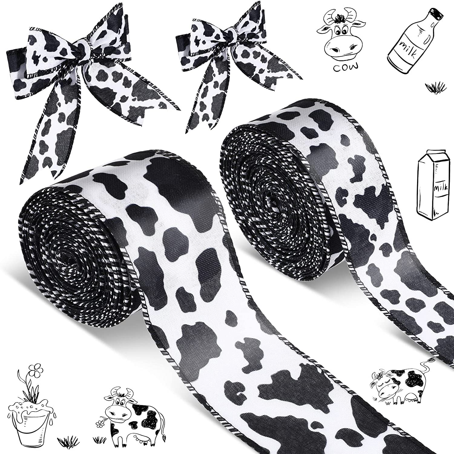 SYOSI Cow Print Ribbon, 2 Rolls 2 Sizes Wired Edge Ribbon Cow Spot Pattern Ornaments Fabric Ribbons for Wreaths, Wrapping, Crafting, DIY Craft Gift Wrapping Bouquet Home Party Decoration (10 Yards)
