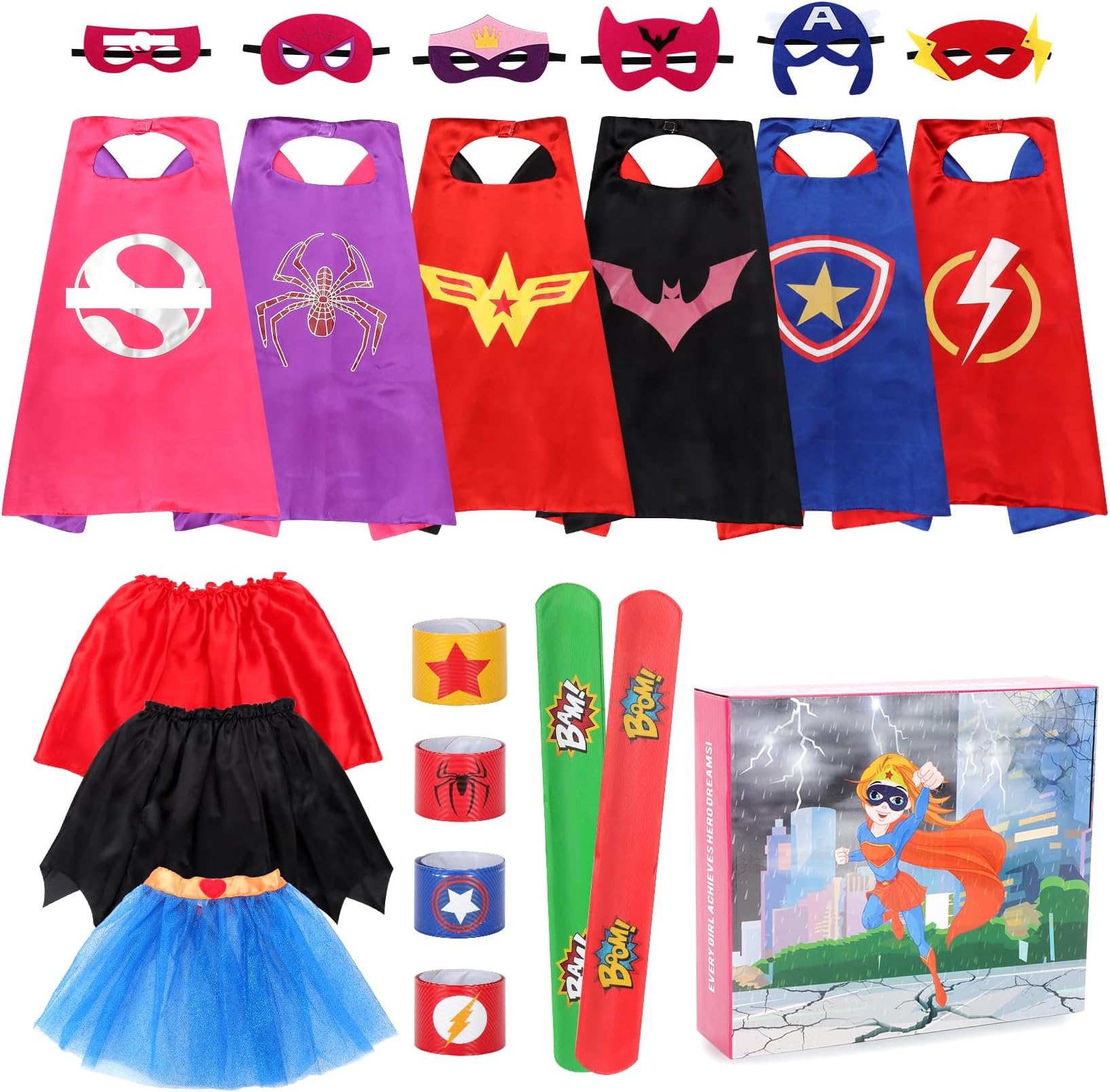 kuaimaSuperhero Capes and Masks for Girls - Kids Halloween Cosplay Dress Up Costumes with Skirt and Wristbands for Girls Birthday Party Gifts