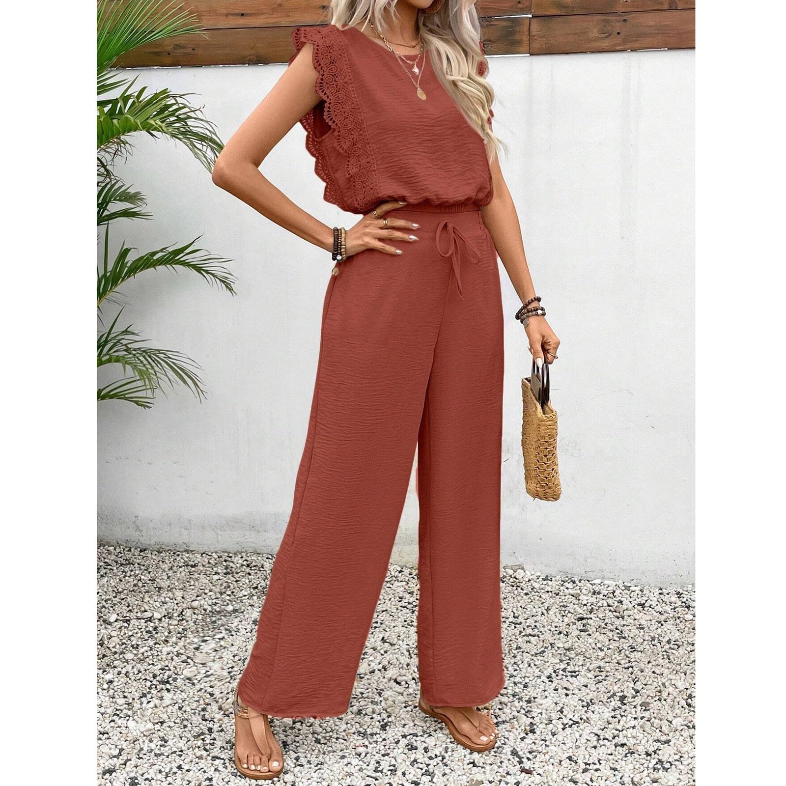 Atuendo Mujer Moderno Primavera Cintura Alta Tops Y Pantalones Sin Mangas Sportiva Tejer Delgado Color Sólido