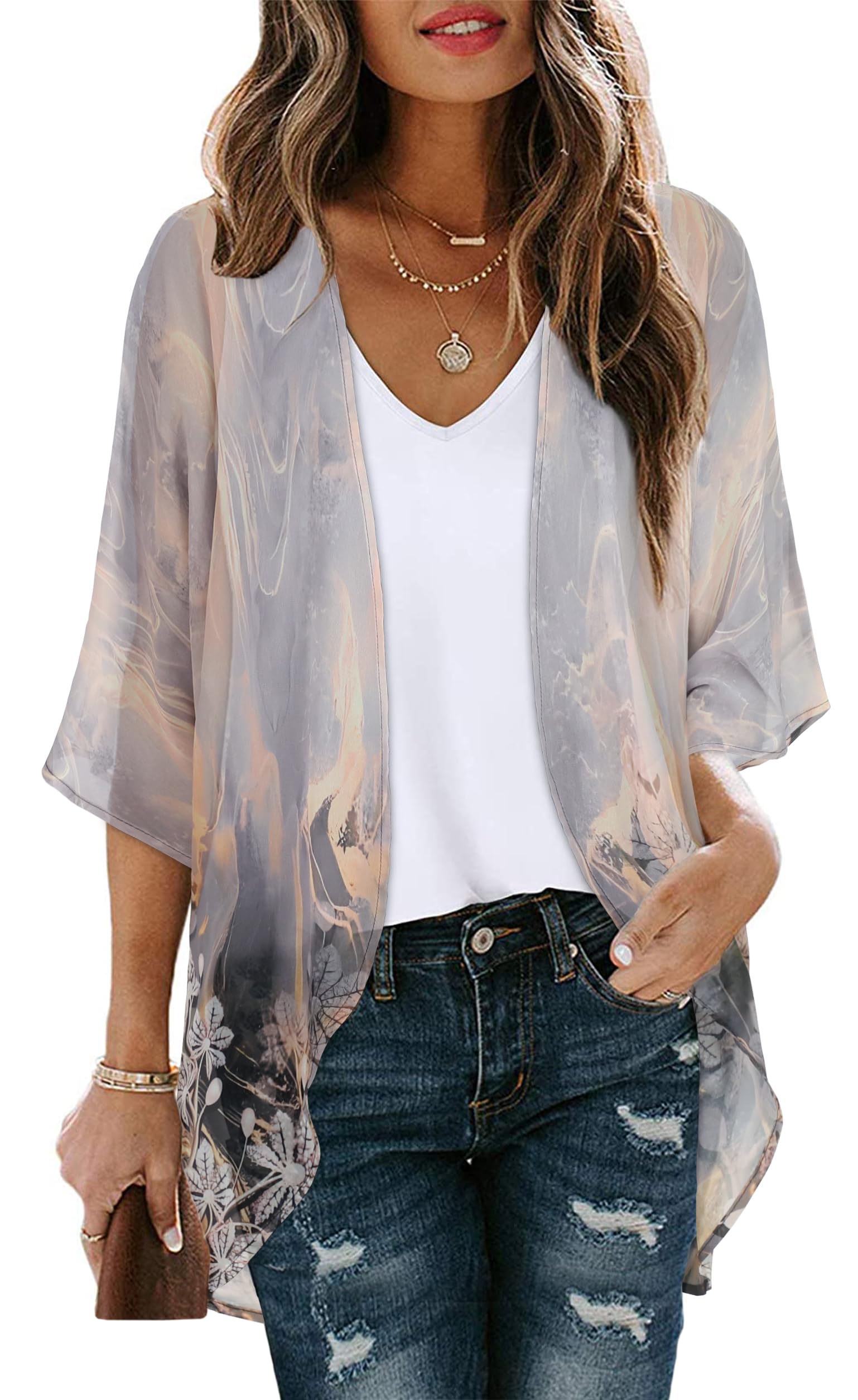 Women's Floral Print Puff Sleeve Kimono Cardigan Loose Cover Up Casual Blouse Tops