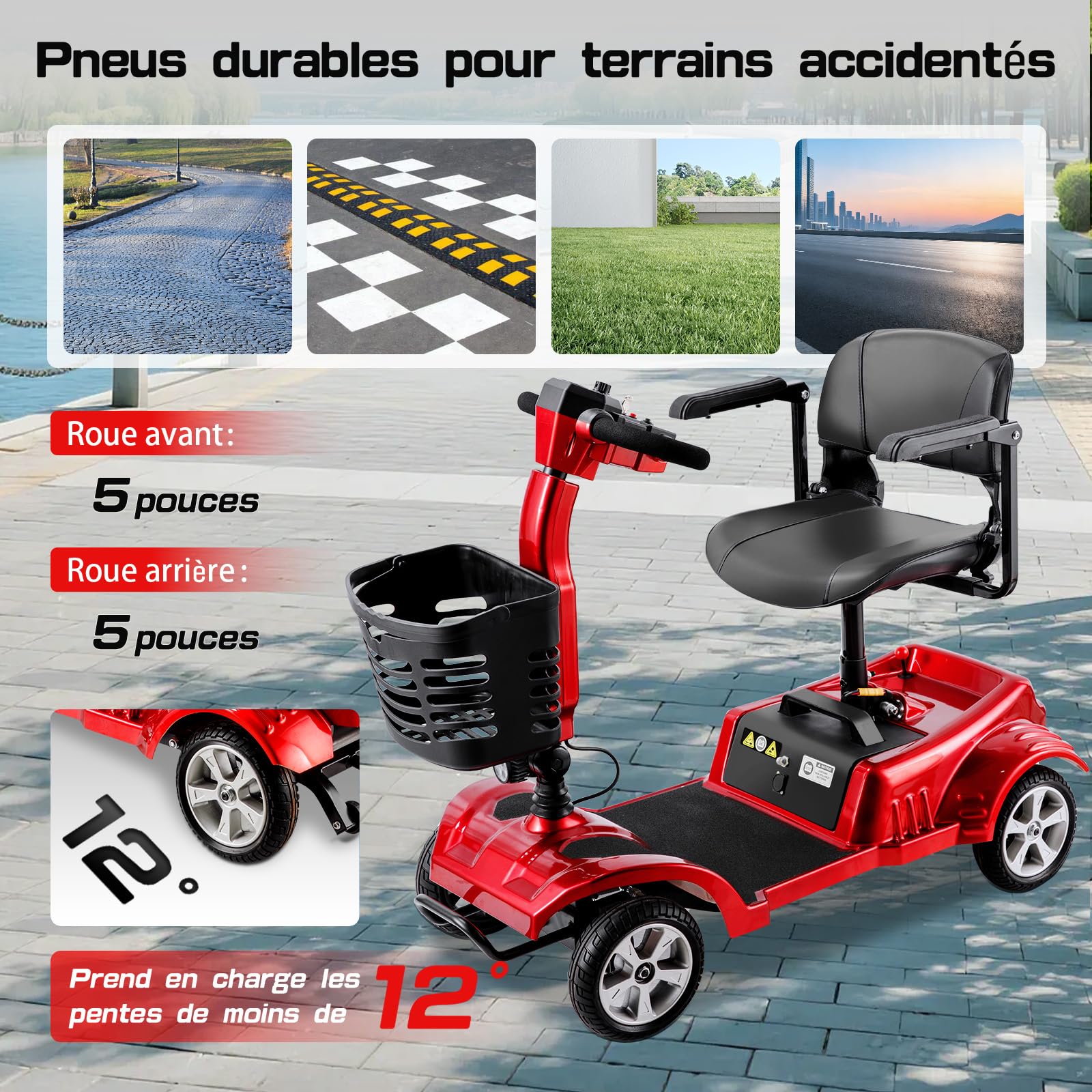 Z02 Véhicule de Mobilité Électrique Pliable et Léger pour Adultes, 4 Roues Trottinette Électrique Adulte avec Siège, Autonomie 20KM, Conçu pour Personnes à Mobilité Réduite et Handicapés (Rouge)