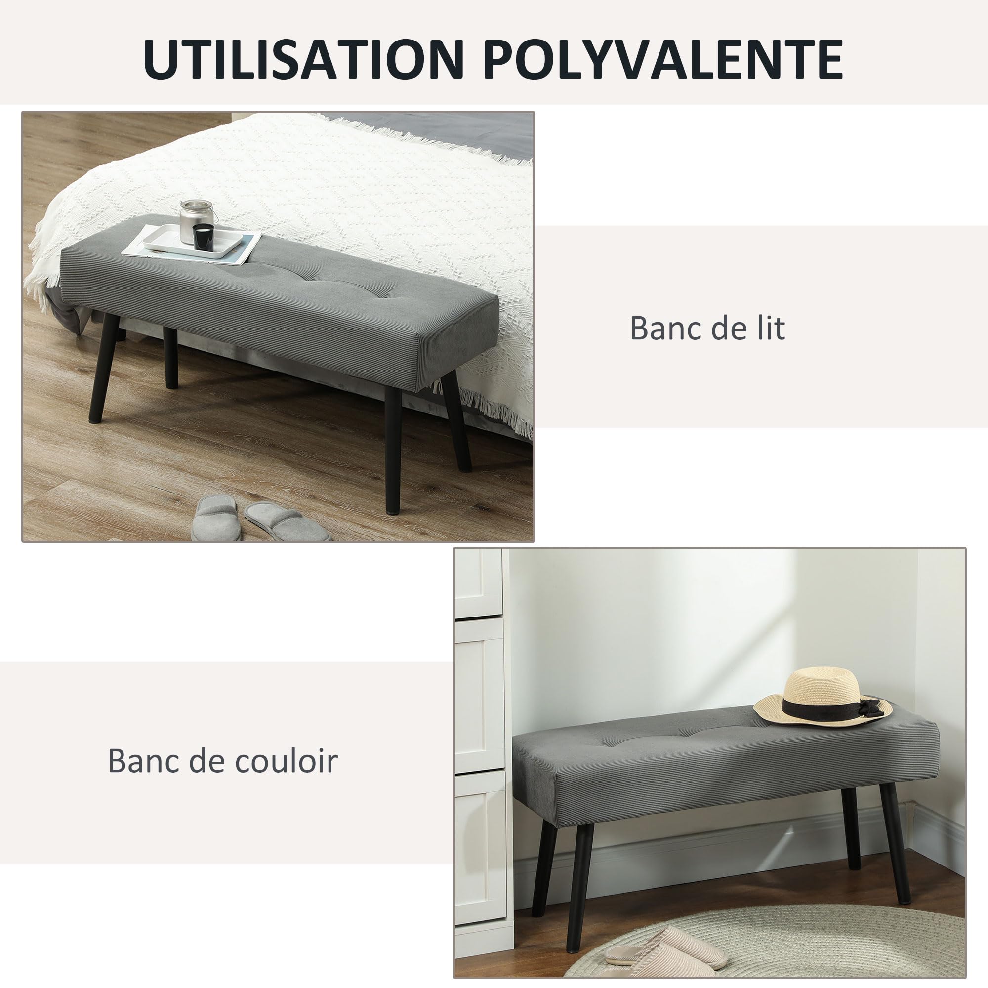 HOMCOM - Banco de banco moderno con punta de cama acolchada de pana y patas de acero negro, ideal para entrada, salón, dormitorio, carga 220 kg, 100 x 36 x 45 cm, color gris