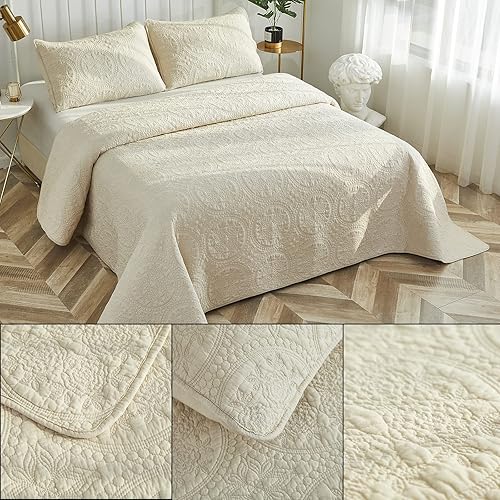 Miniatura 3 de Brandream Juego de edredón de algodón de tamaño Queen, color beige, acolchado, elegante, juego de colcha de 3 piezas