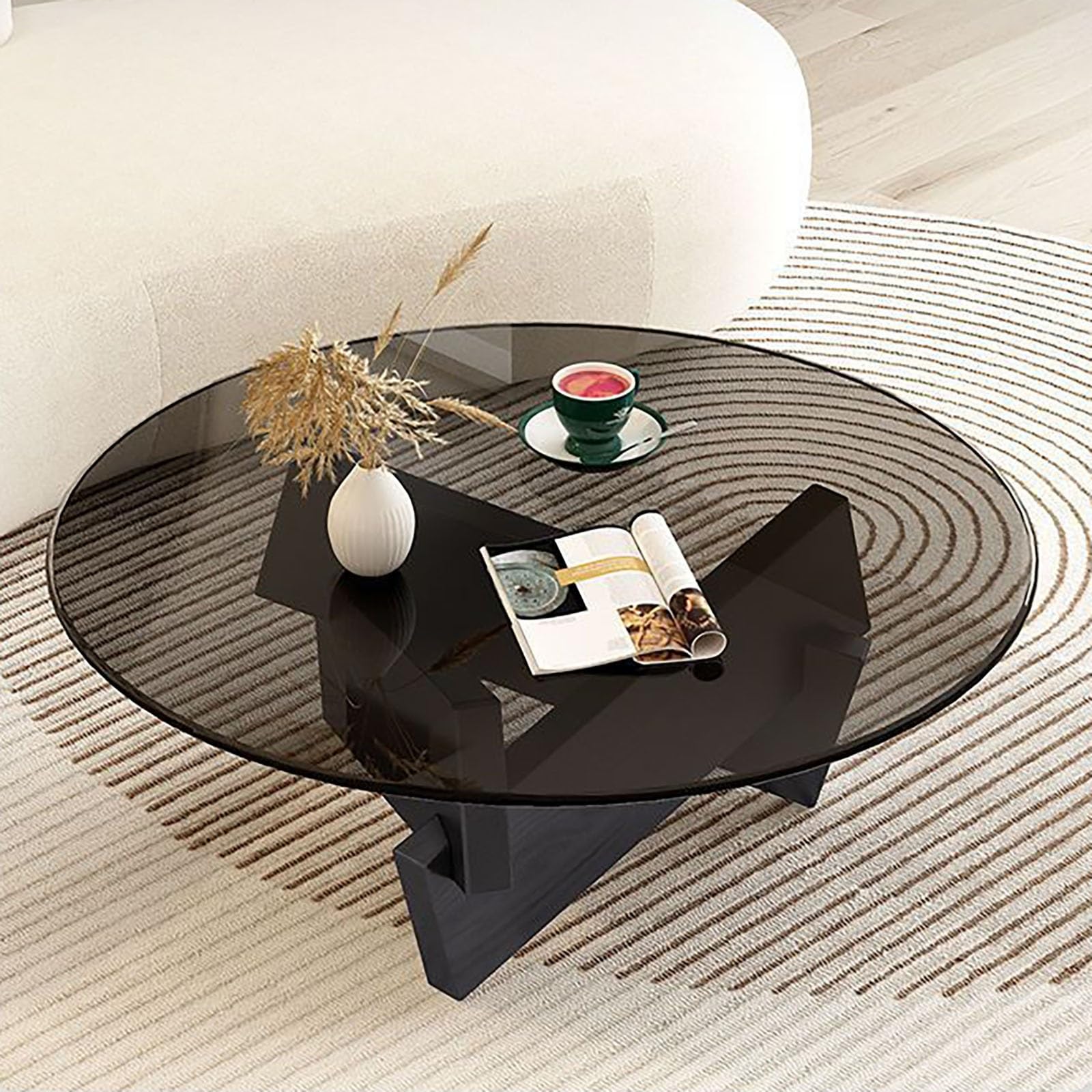 Runde Couchtische Aus Glas, Kleiner Couchtisch Für Wohnzimmer, Rustikaler Kaffeetisch Für Landhausstil, Massivholzsockel, Einsteck- Und Zapfenstruktur, 70x70x31cm, Schwarz