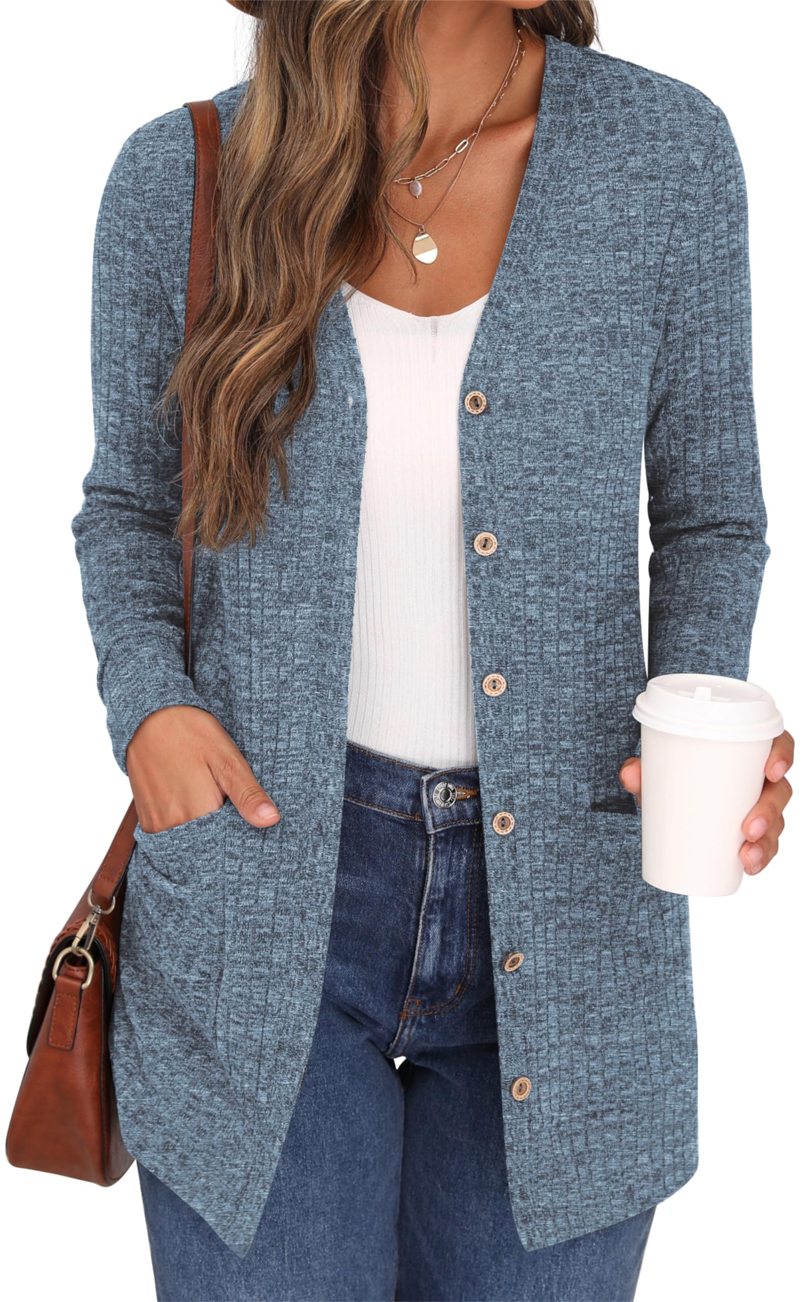 GRECERELLE Cardigan Donna Lungo Golfino Manica Lunga Elegante Comodo Apertura Frontale Bottoni Tasche Maglione Leggero Scollo a V