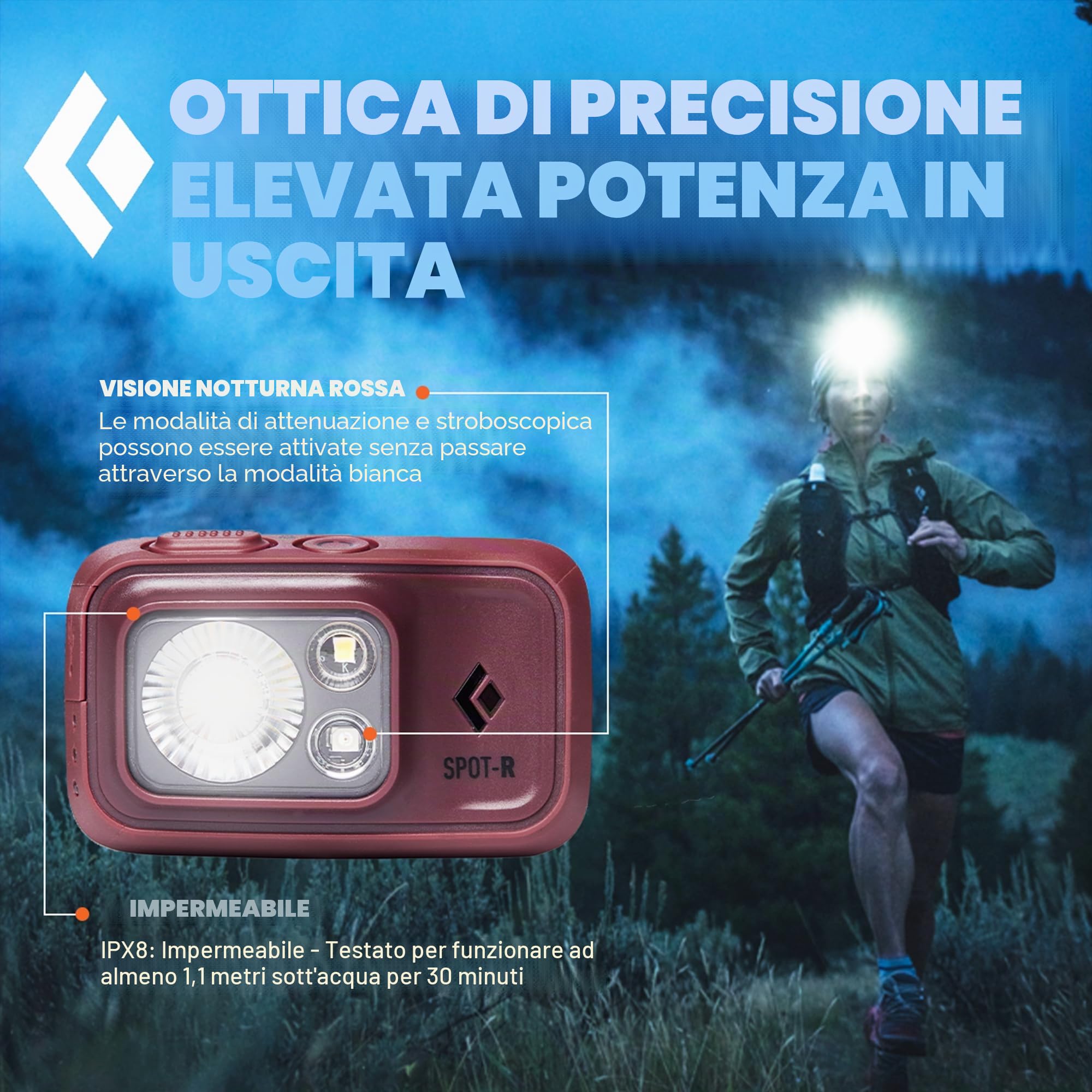 LINTERNA FRONTAL BLACK DIAMOND SPOT 400-R ROJA | 400 lumen, per escursioni, campeggio, corsa, zaino in spalla, emergenze, viaggi e trail running