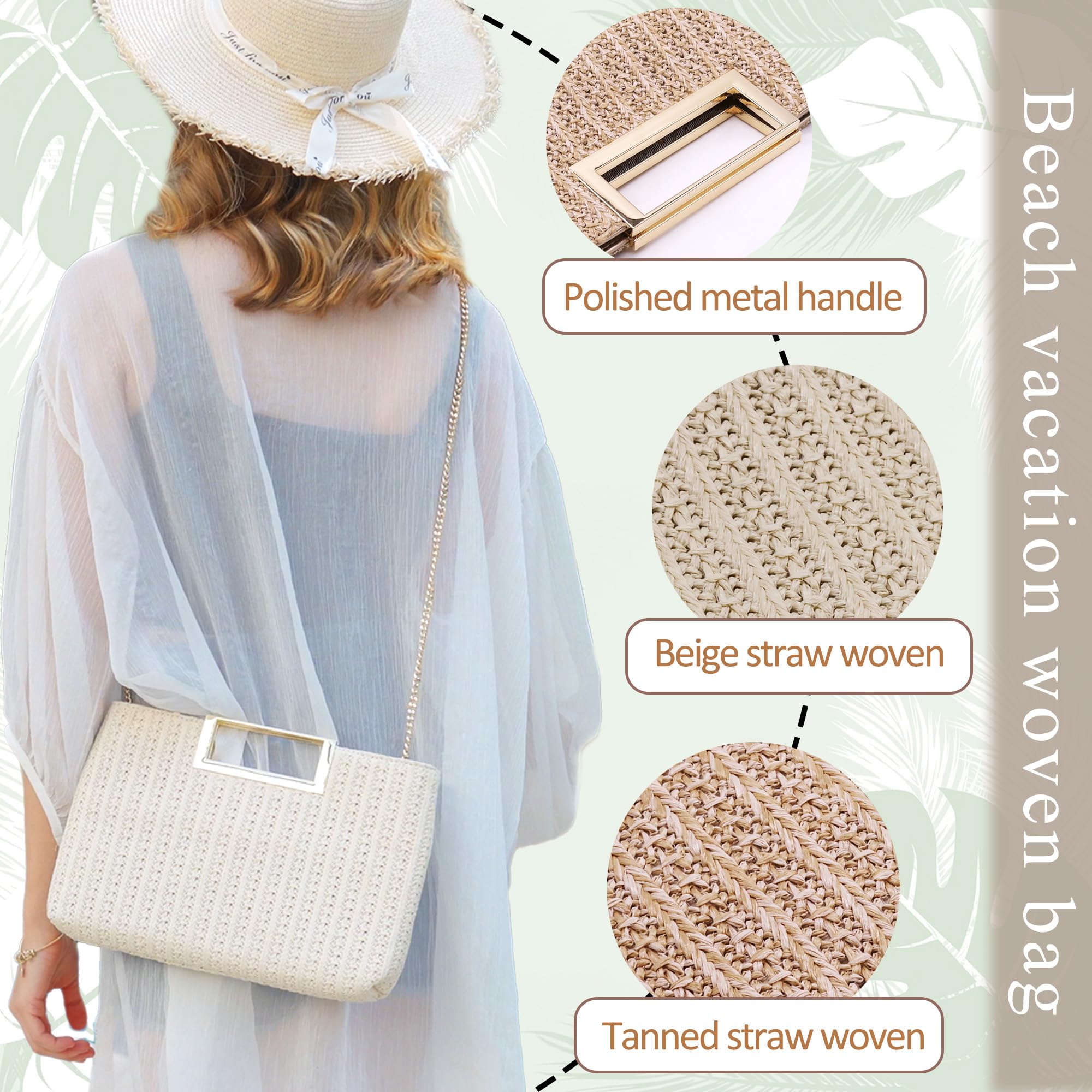 Milisente Straw Purses For Women Woven Rattan Beach Top Handle Clutch Bag With Shoulder Chain For Vacation(Straw Tanned)