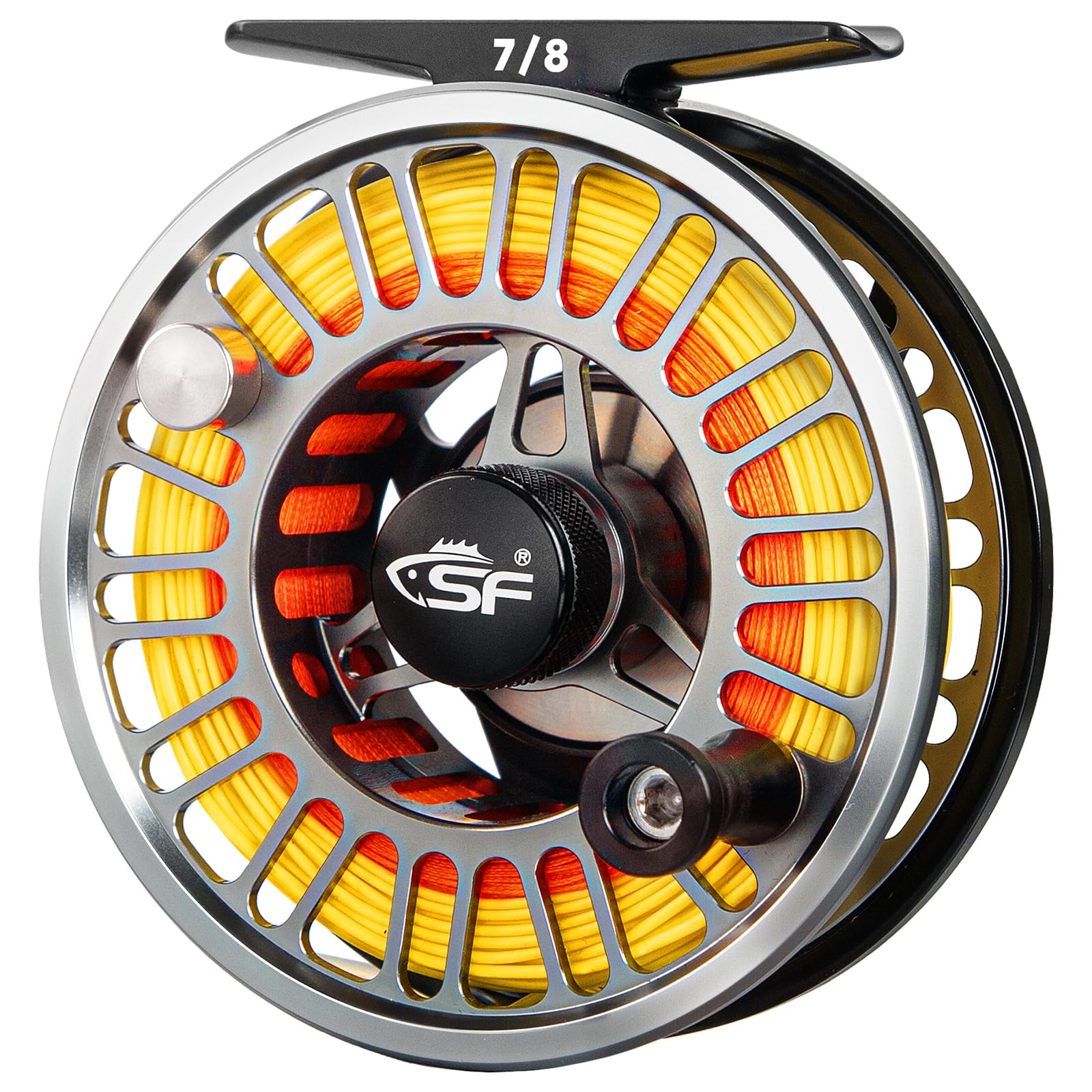 SF SF-003 Pro Fly Fishing Reel Pre-loaded Fluorescent Yellow Fly Line Kit for Freshwater, CNC Machined, Mid Arbor Design, Smooth Drag System, Lightweight Aluminum Body, 7/8wt, Gunmetal Gray & Black