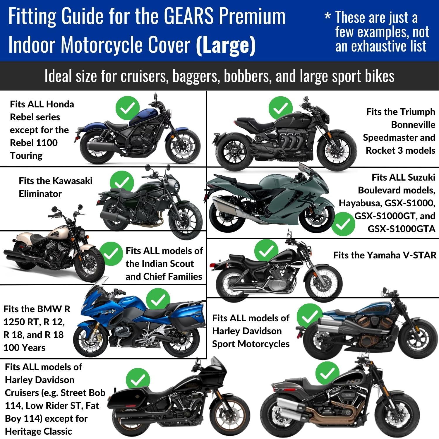 GEARS Premium Motorcycle Cover for Sports Bike, Cruiser, or Touring Motorcycle | Heavy-Duty, Water-Resistant, Anti-Scratch and Secure Fitting Cover to Use in Garage, Shed, and Shelter Car Port (Large)