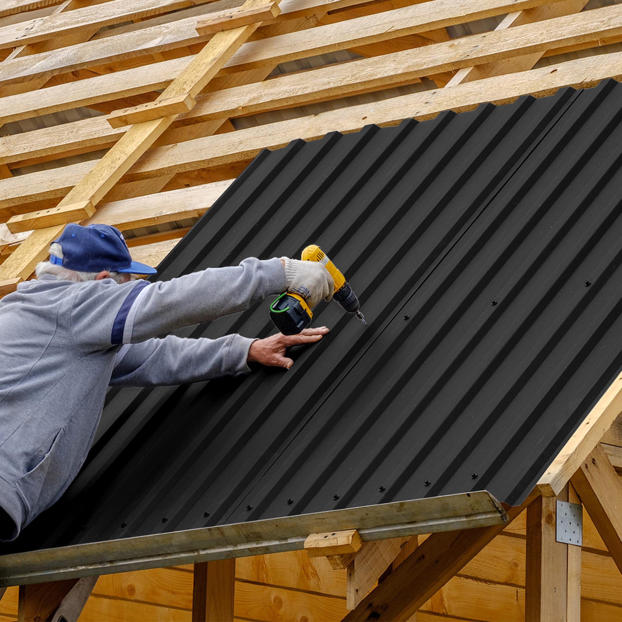 YRHome 24er Dachbleche Trapezblech 129,5x45cm Stahlblech Formblech Platten Dachplatten Wetterfest Wellblechplatten Verzinkter Stahl für Garagen Dach inkl. Schrauben und Handschuhe - Typ A Schwarz