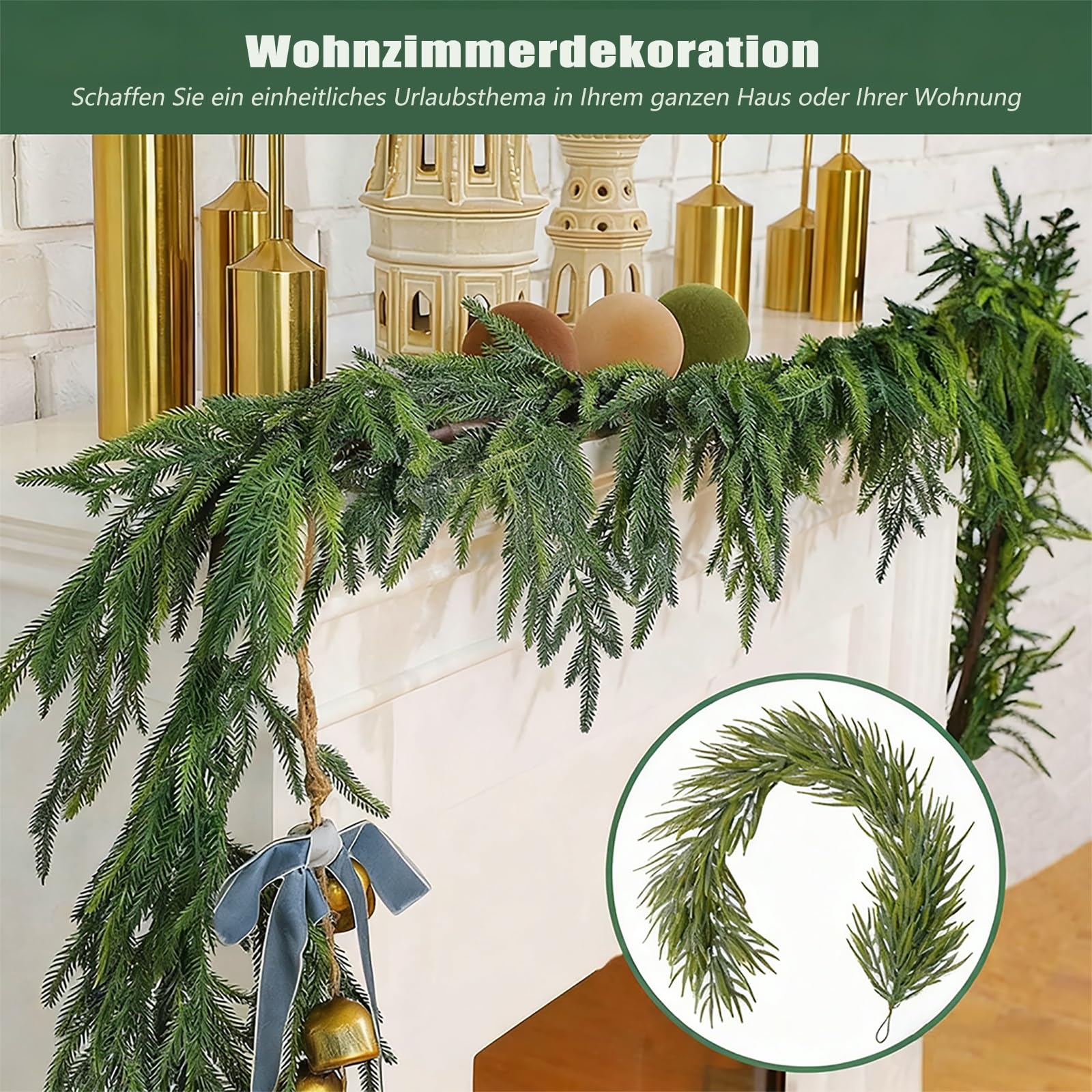 Weihnachtsgirlande，tannengirlande，Artificial Christmas Garland, Lifelike Norfolk Fir Garland，for Christmas Decorations Indoor and Outdoor Use, Railing and Door Frame(2pcs,6ft)