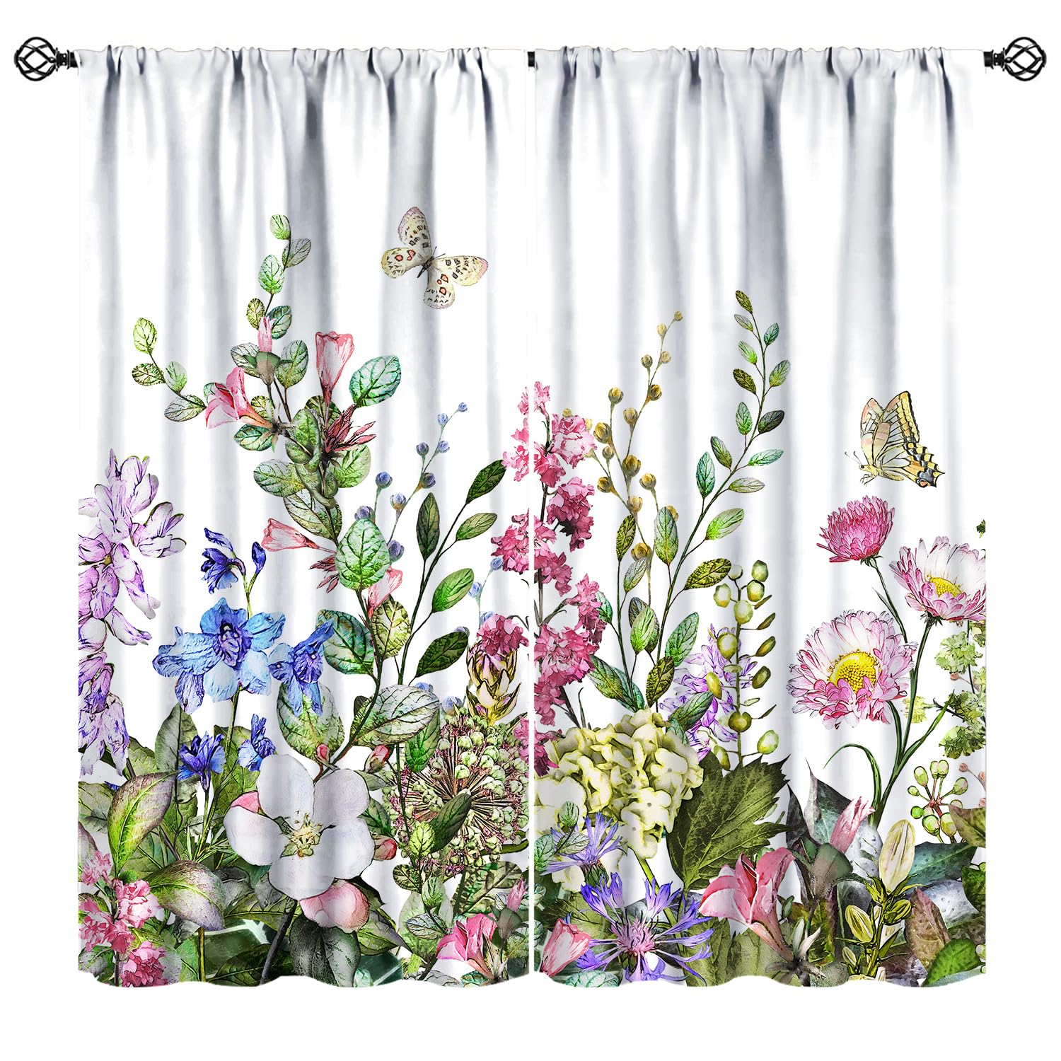 JanJCurt Vintage Floral Curtains, Rustic Colorful Plant Botanical Wildflower Butterfly Exotic Forest Herbs Flowers Branches Print Blackout Window