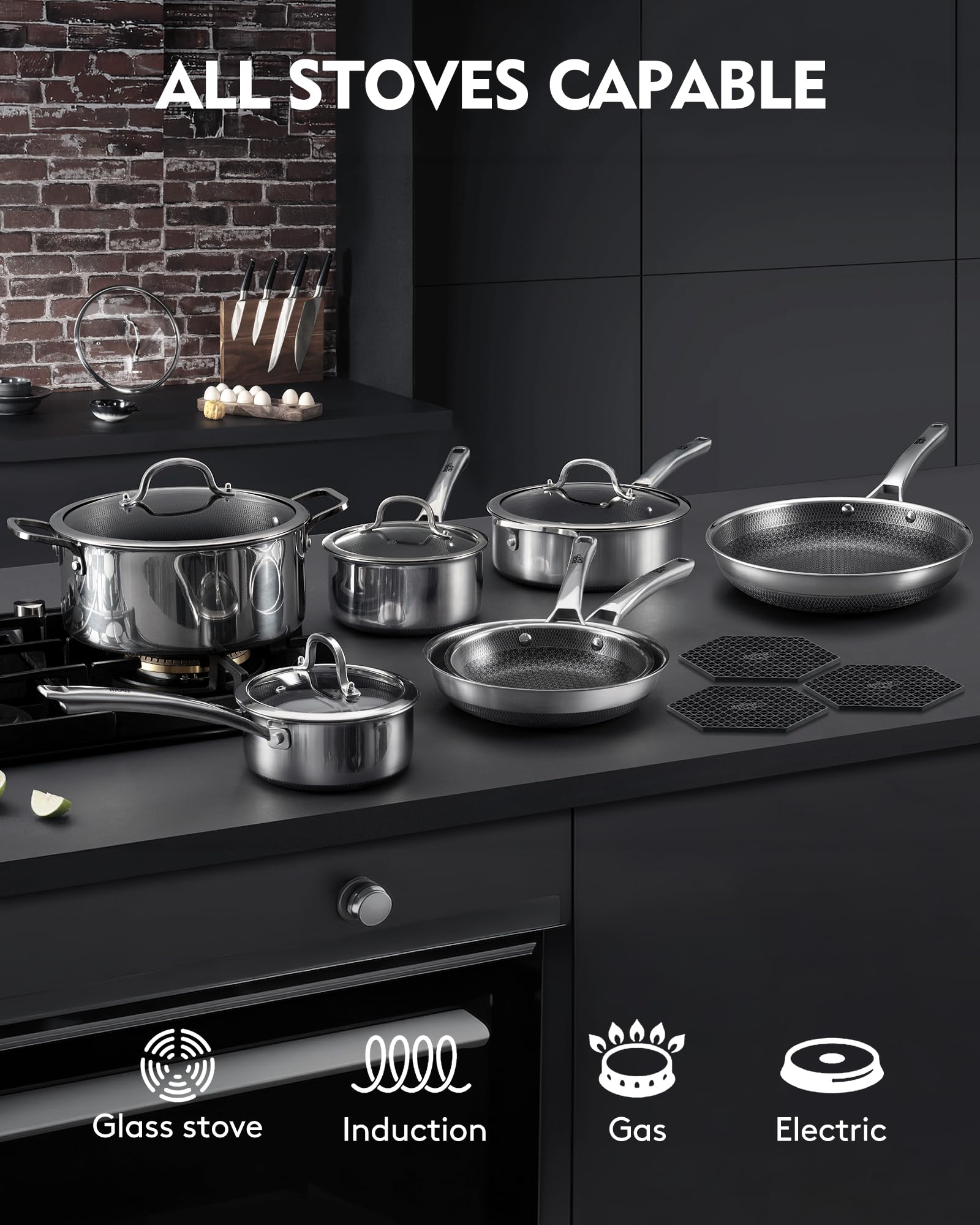 SNOWCLAD Non Stick Pots & Pans Set - Stainless Steel -6