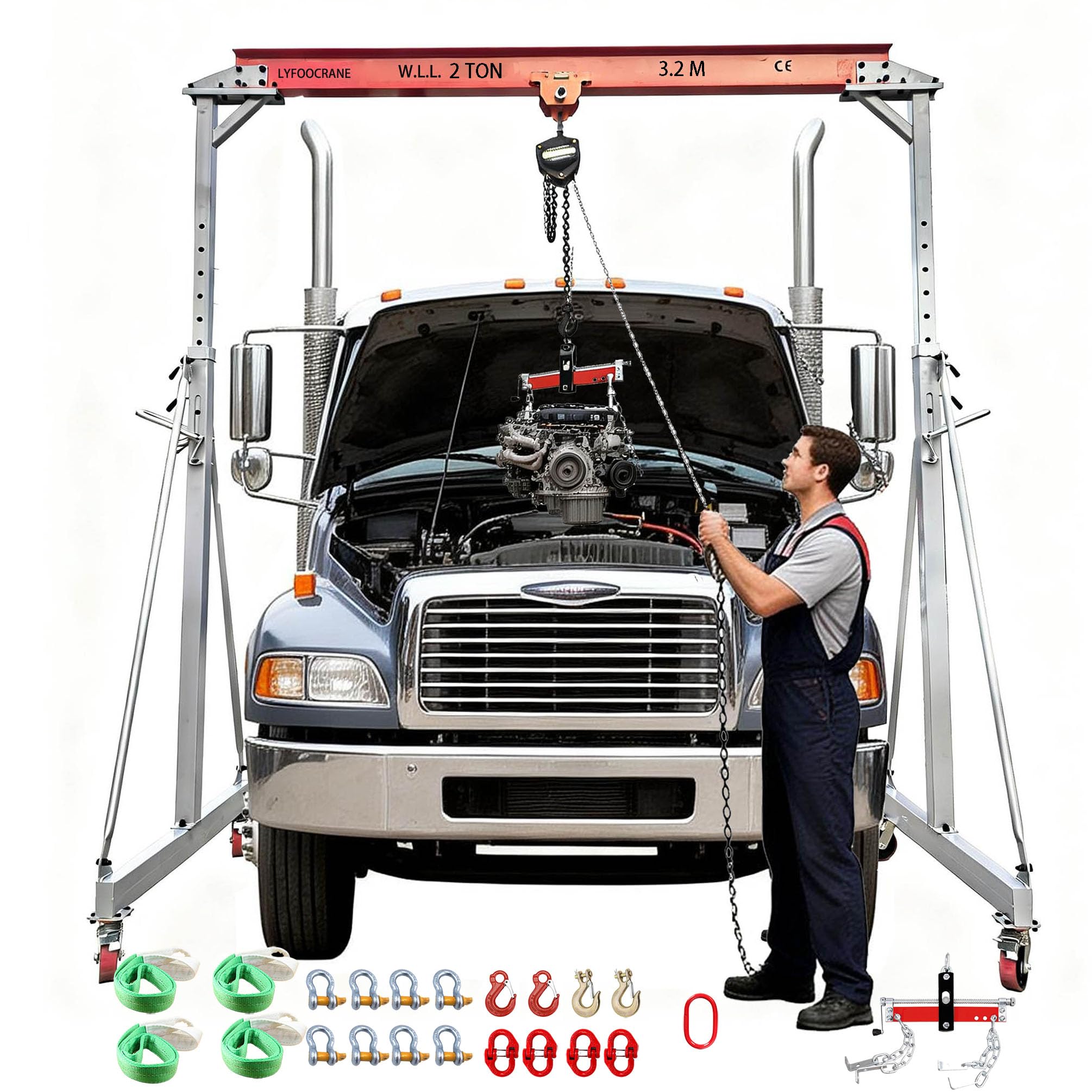 2T-3.2M Verstellbarer Portalkran, Tragfähigkeit 2000 kg, Höhe verstellbar von 3 m bis 4,2 m, mobiler Portalkran 2T, Werkstattkran mit Hebezug und Anschlagmittel-Set | Extragroßer 2T-3,4M verstellbarer Portalkran