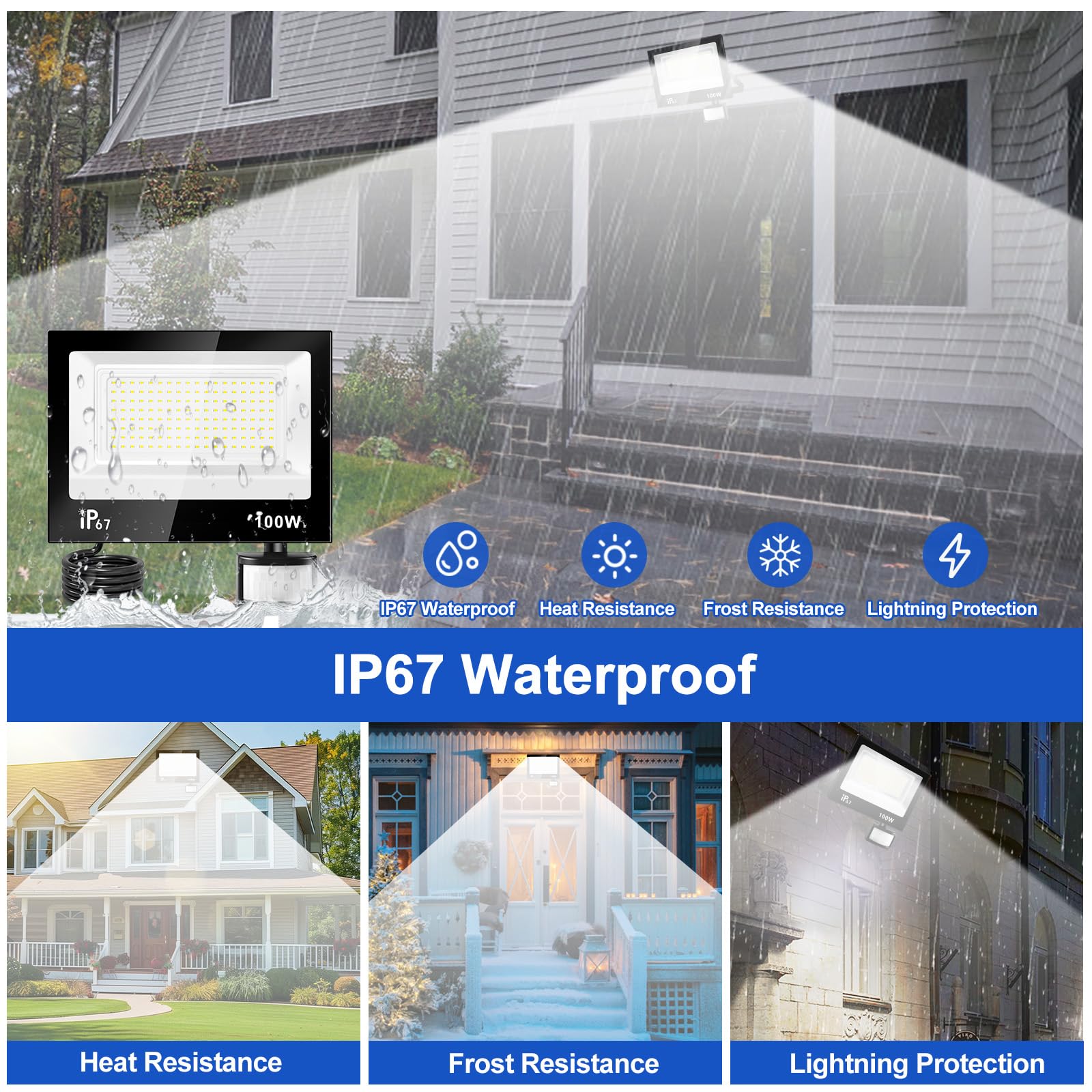 100W Focos Led Exterior con Sensor Movimiento,4 Modos 10 Brillo Foco Proyector LED con Mando a Distancia,10000LM,7000K Blanco Frío IP67 Impermeable Foco LED para Patio,Garaje,Jardín