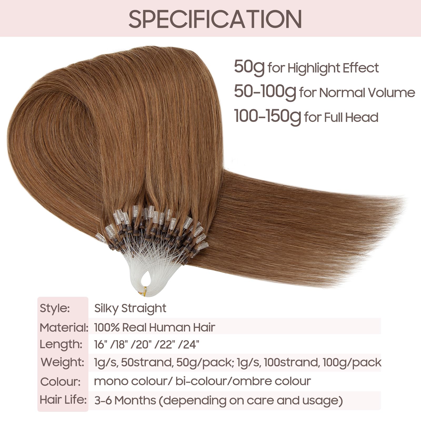 Silk-co Microring Extension Capelli Veri Anelli 100 Ciocche 40cm 50g Remy Micro Loop Hair Extension Marrone Chiaro