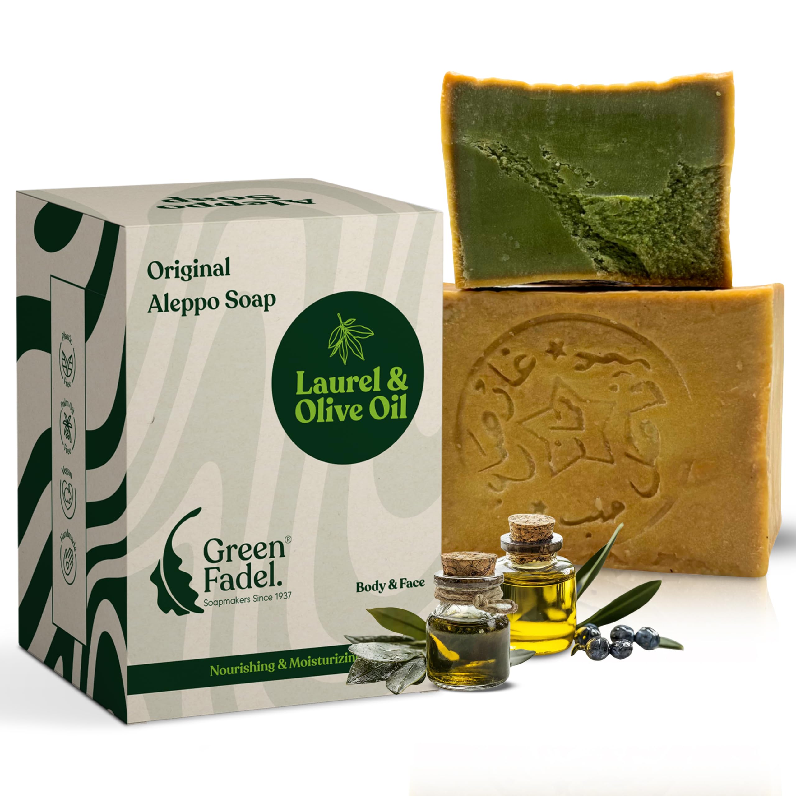 GREEN FADEL Sapone di Aleppo Originale, all'Olio d'Oliva e Olio di Alloro, 1 x ca. 200g, Sapone all'Olio d'Oliva, Naturale, Fatto a Mano, Vegano, per Viso e Corpo
