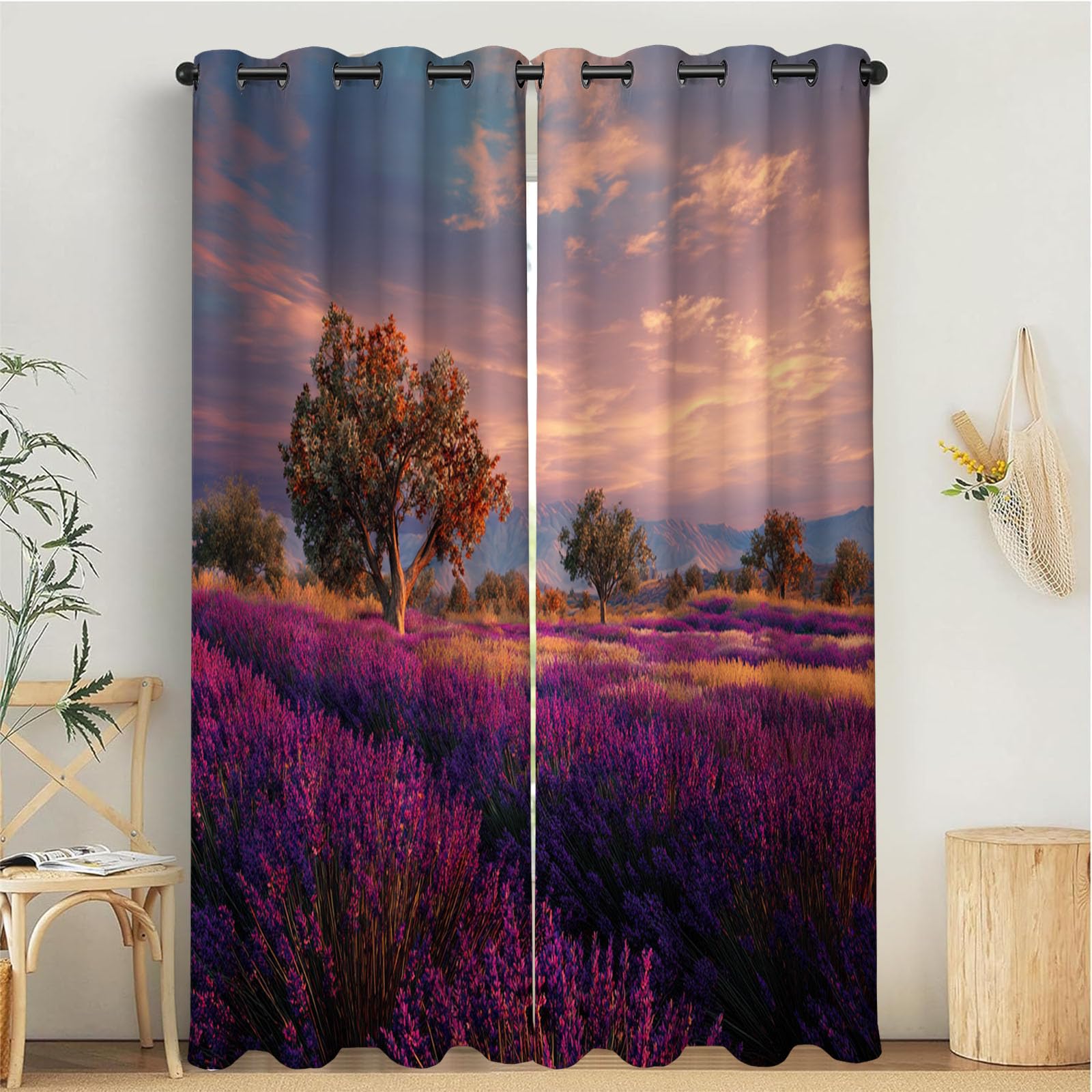 Rideaux isolants thermiques haut de gamme violet au design paysage de lavande