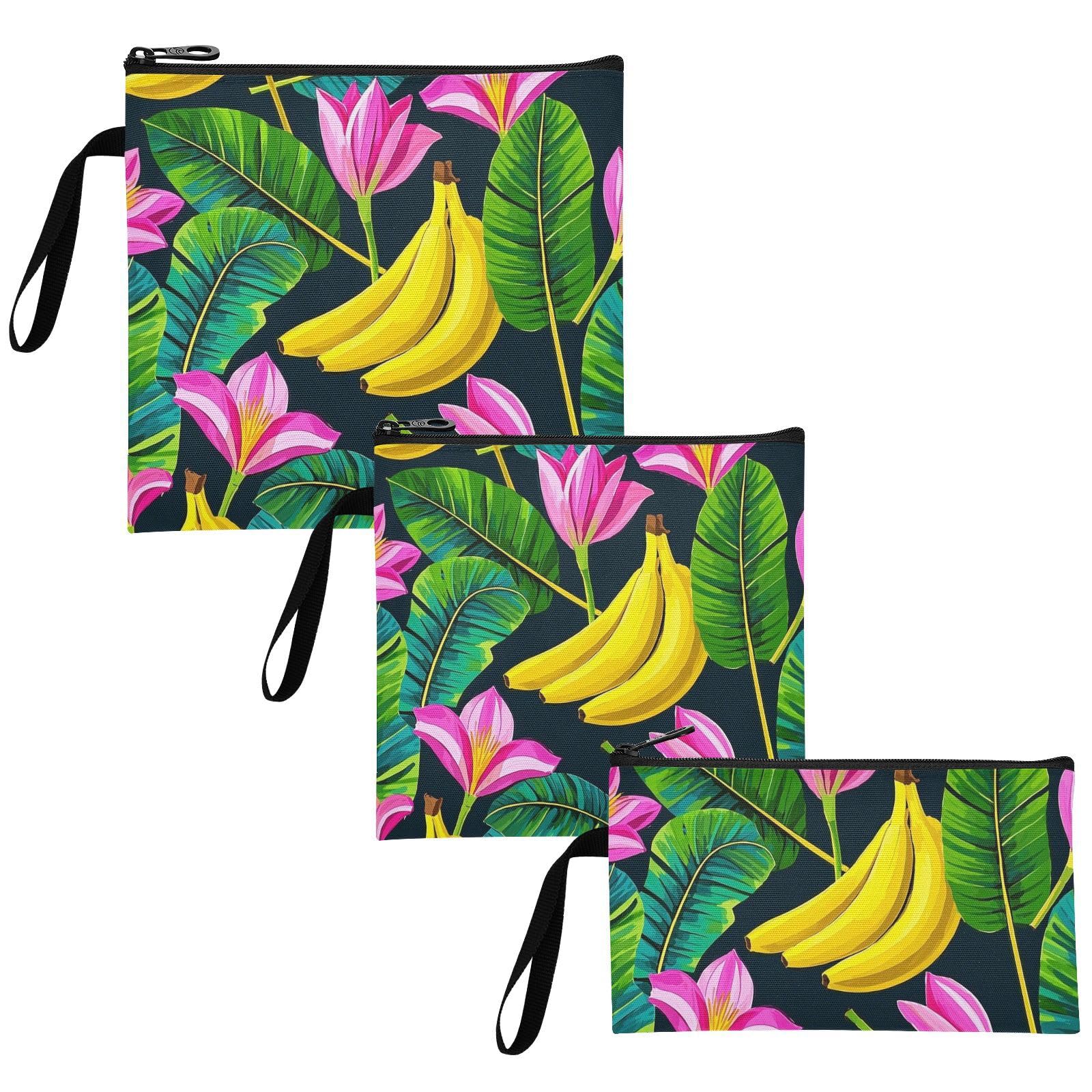 Fruit Banana Floral Fashion Black Pack of 3 Reusable Snack Bags and Sandwich Bags Portable Food-Safe Storage Zipper Bag for Kids Students Adults Food