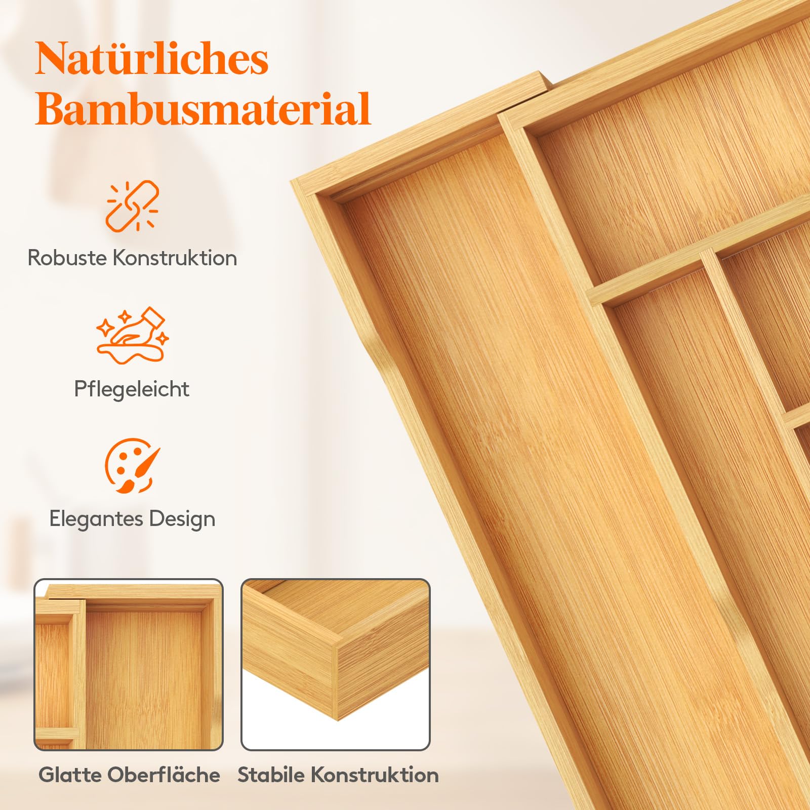 Lifewit Besteckkasten für Schubladen, Tiefe 47 cm, Ausziehbarer Besteckeinsatz Breite bis zu 50 cm, Küchenschubladeneinsatz Schubladen Organizer, Bambus Besteckhalter für Löffel/Gabeln/Messer