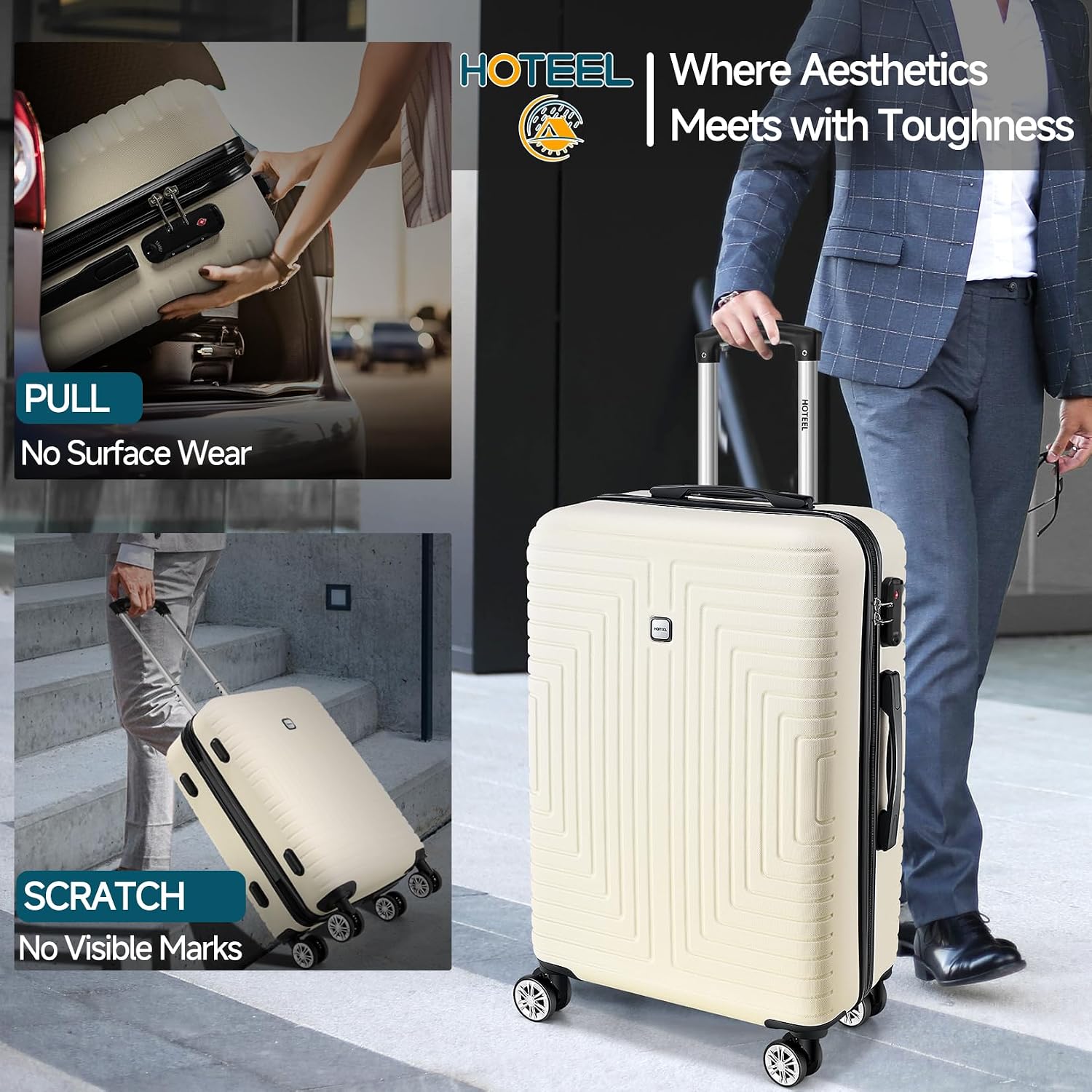 Hoteel Luggage Sets 5 Piece ABS+PC Hardside, 4-Year Warranty, Luggage Set with Double-Spinner Wheels, TSA Lock, Lightweight Carry on Luggage, 20"/24"/28" Suitcase with Duffel & Organizer, Beige
