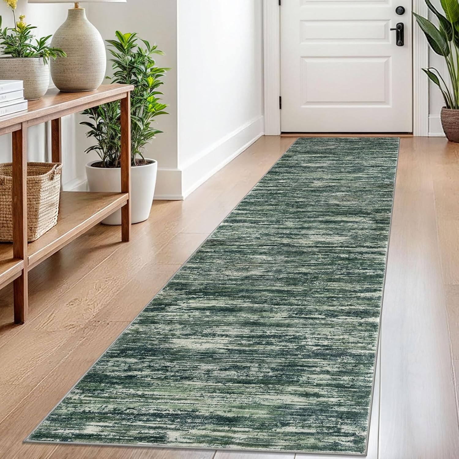2x8 Modern Abstract Runner Rug for Hallways, Dark Green Super Soft Hallway Decor Kitchen Rugs with Non-Slip, Non-Shedding Washable Rug for Entryway Bedroom Indoor Dark Green/White 2' x 8' (Runner)