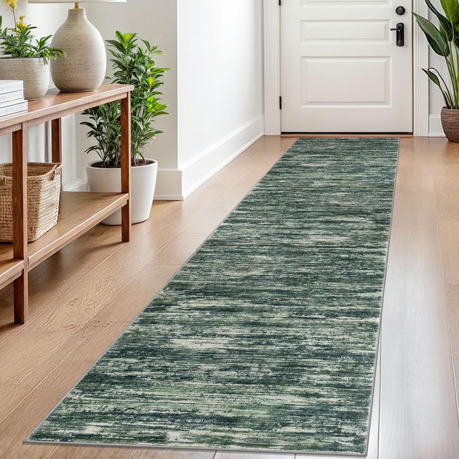 SIILOOM 2x8 Modern Abstract Runner Rug for Hallways, Dark Green Super Soft Hallway Decor Kitchen Rugs with Non-Slip, Non-Shedding Washable Rug for