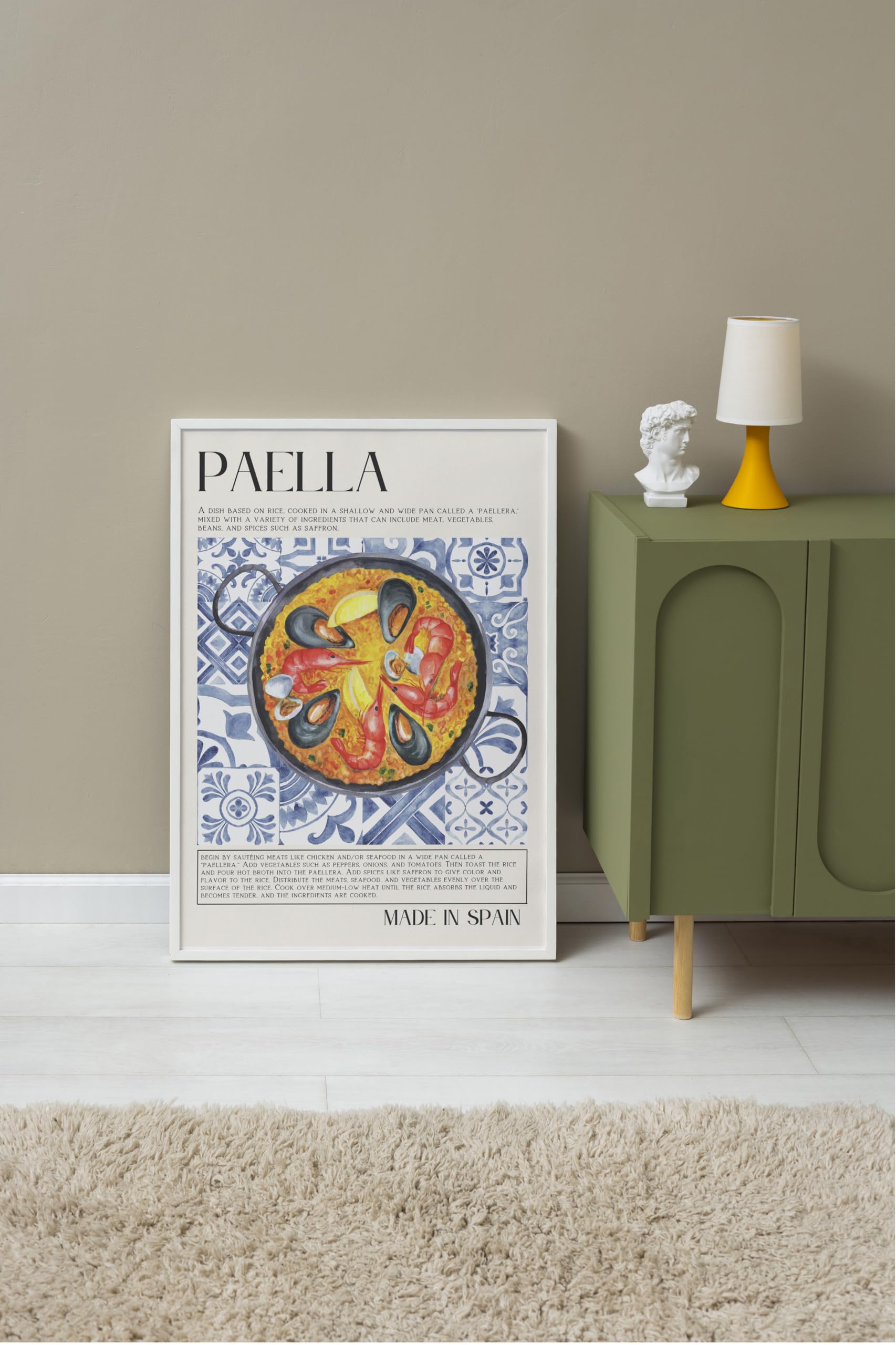 Zestia Beyaz Çerçeveli Tablo, Paella Tabağı, Mutfak Dekoru, Mavi Seramik Stil Poster No: 106688 15 x 21