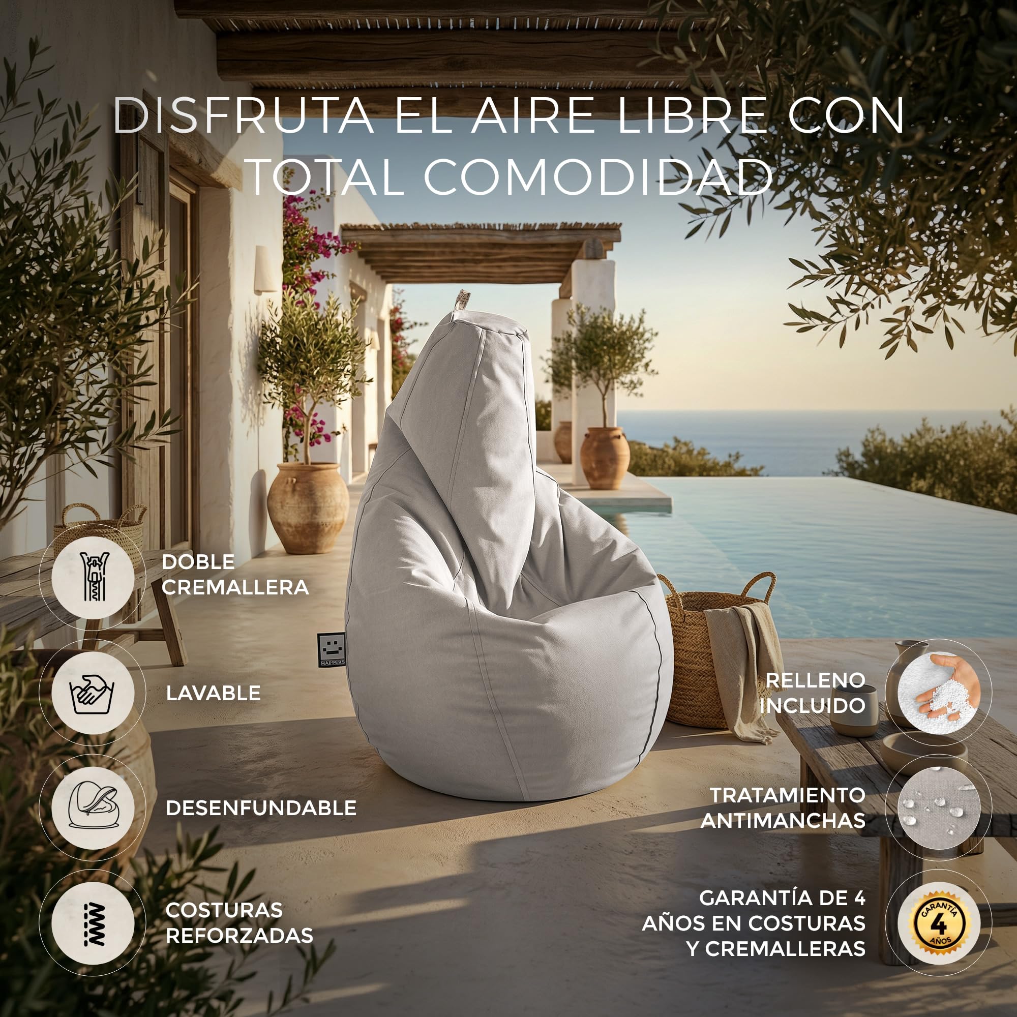 HAPPERS Puff Pera Naylim Mate con Relleno Incluido para Exterior e Interior Transpirable y Resistente | Asiento Relax Ergonómico para Terraza, Jardín y Salón | Talla XL Piedra