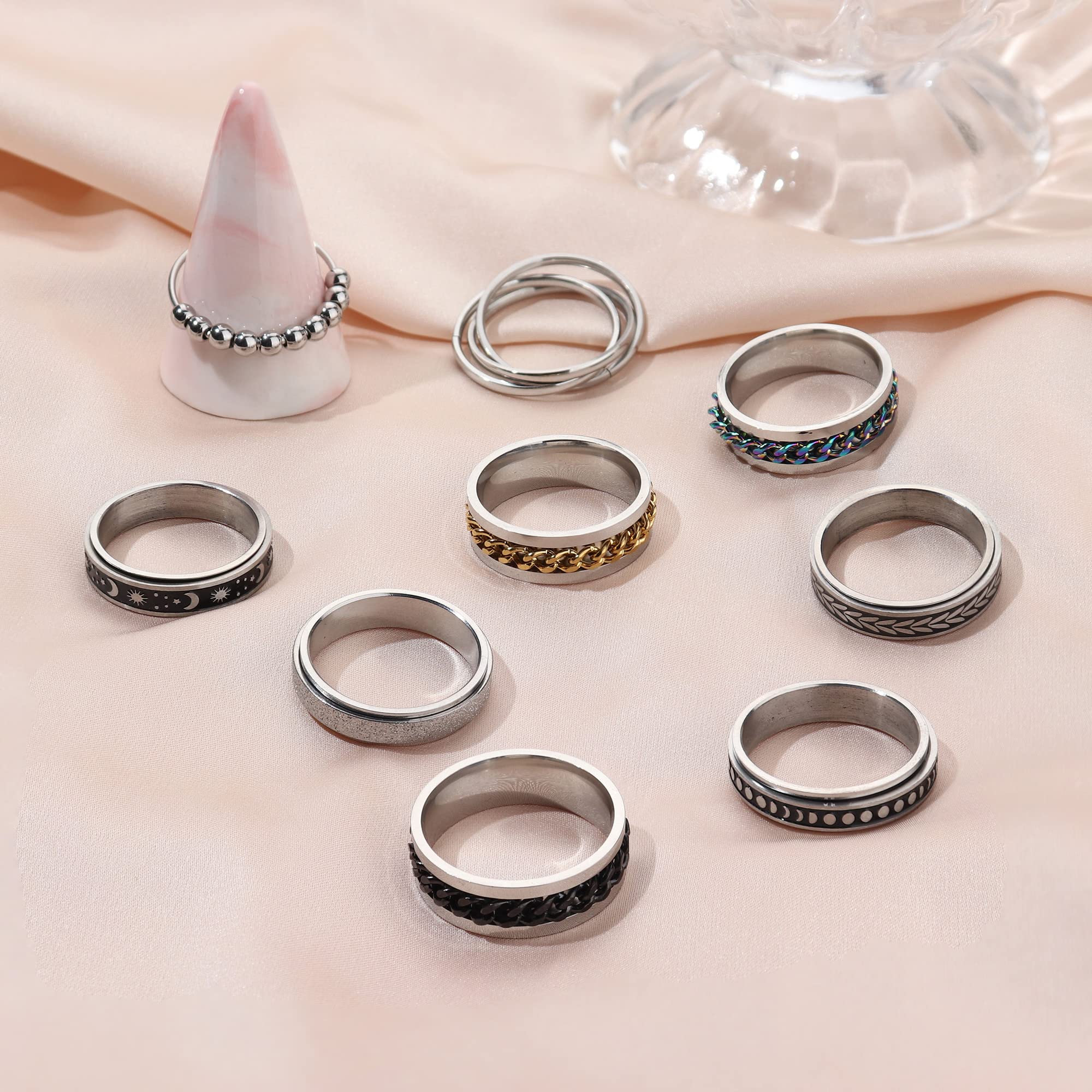 Jstyle Anelli Fidget per ansia, 9 pezzi, in acciaio inossidabile, anti-ansia, anelli con perline, luna e stella, triplo intreccio, fiori rotanti, set di anelli per alleviare lo stress, per donne e