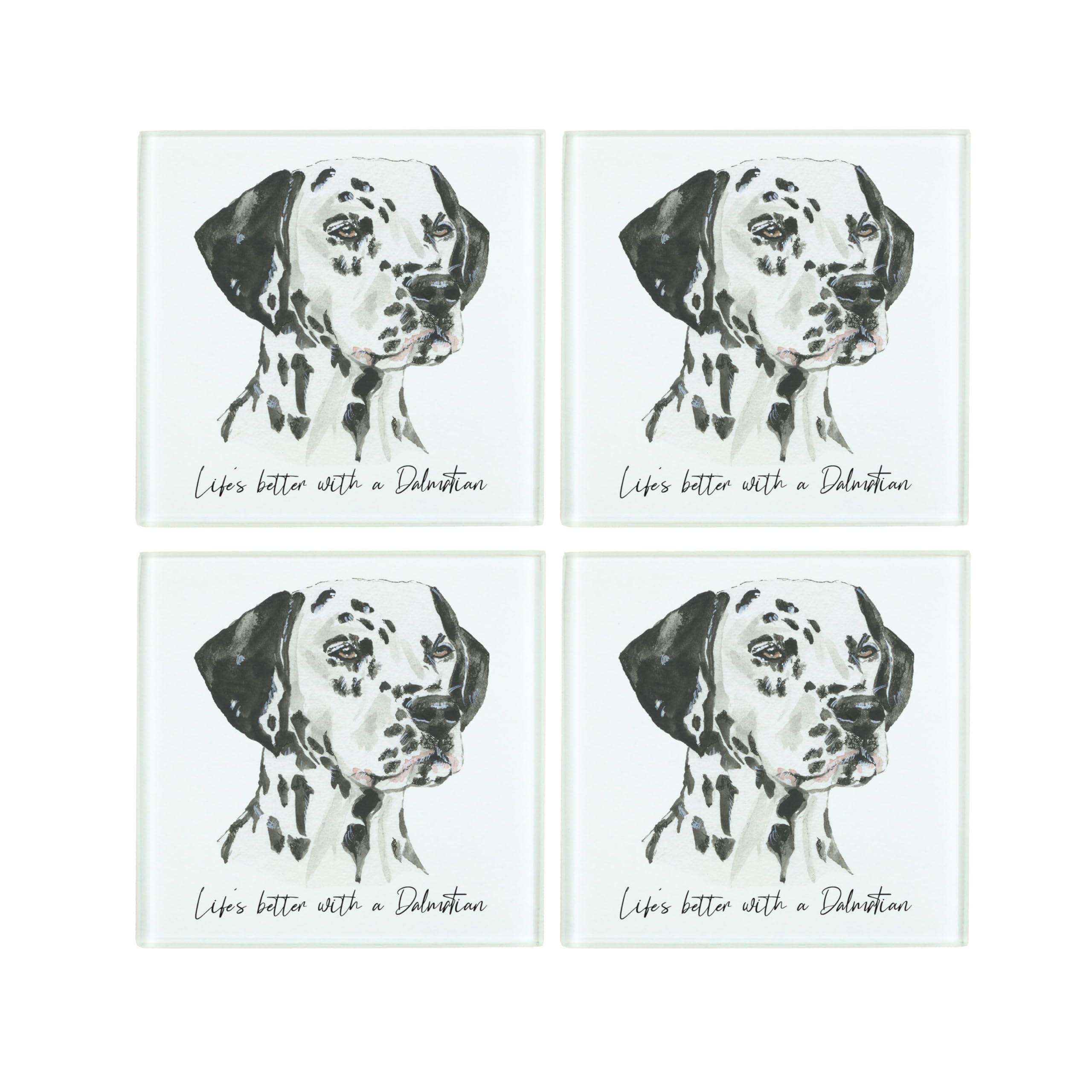 Purely Home Dalmatian Coaster Set - Life's Better With A Dog Gift - Square Glass Set Of Four (4) Coasters