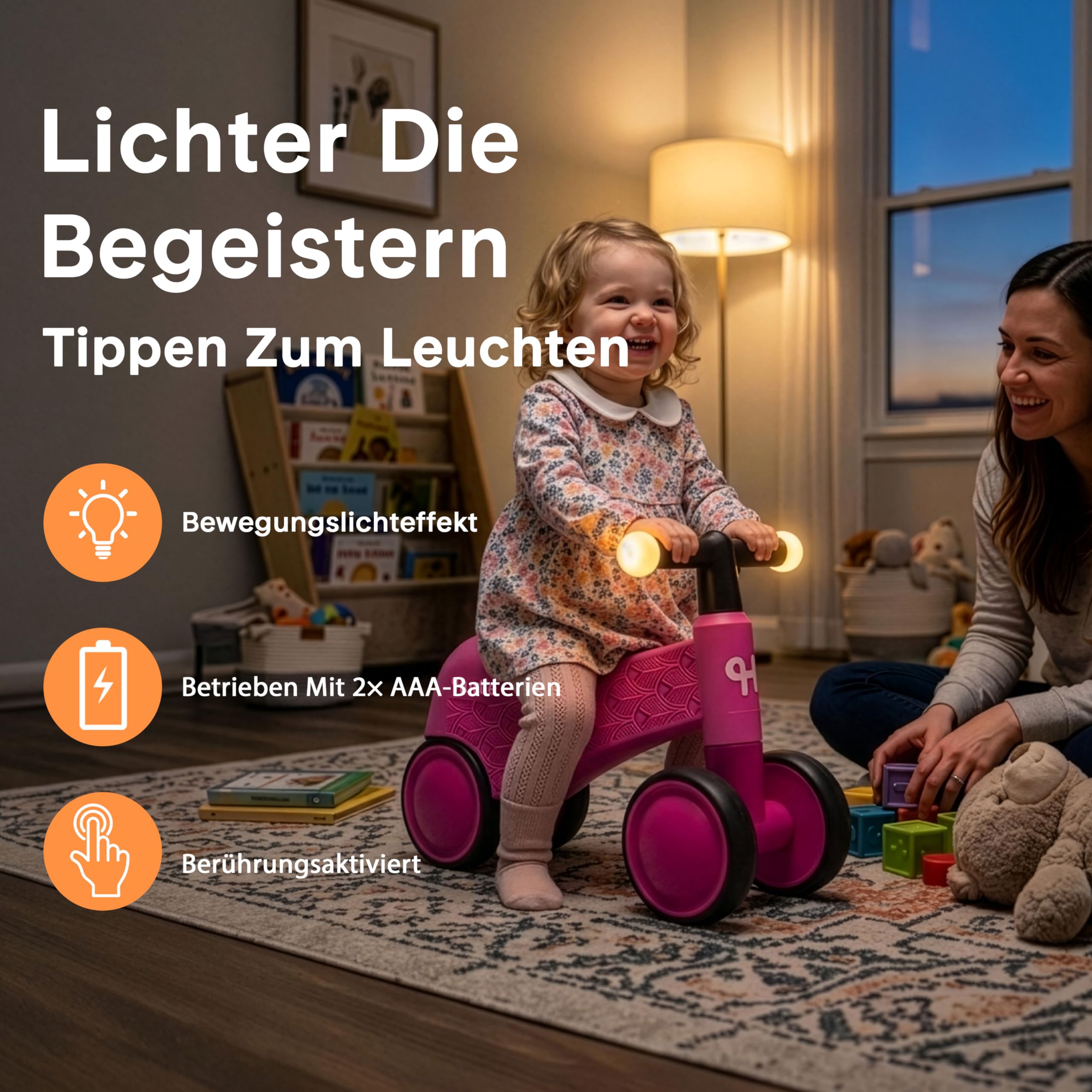 Hurtle Kleinkind Laufrad ab 1 Jahr, Lauflernrad mit LED-Lenker | 4 Räder, Balance Bike, Erstes Fahrrad, Stabiles Kleinkindlaufrad, Geschenk für Jungen und Mädchen