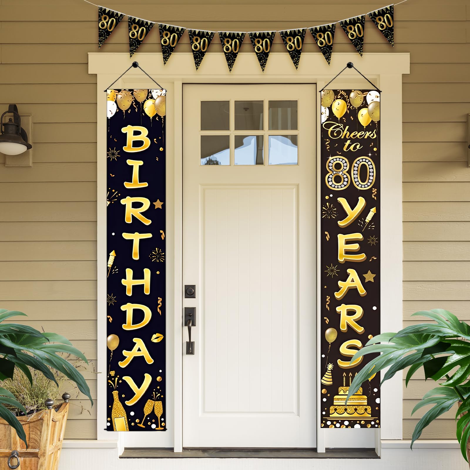 Black Gold 80th Birthday Party Decoration - 80th Birthday Decorations Door Banner, Triangular flag birthday banner for Women Men Party Supplies