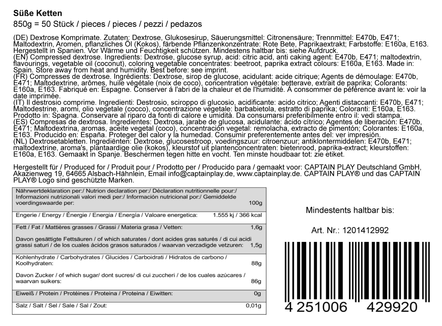 CAPTAIN PLAY Boîte Spéciale avec 50 Colliers Sucrés en emballage individuel, Candy Box avec Colliers Dextrose
