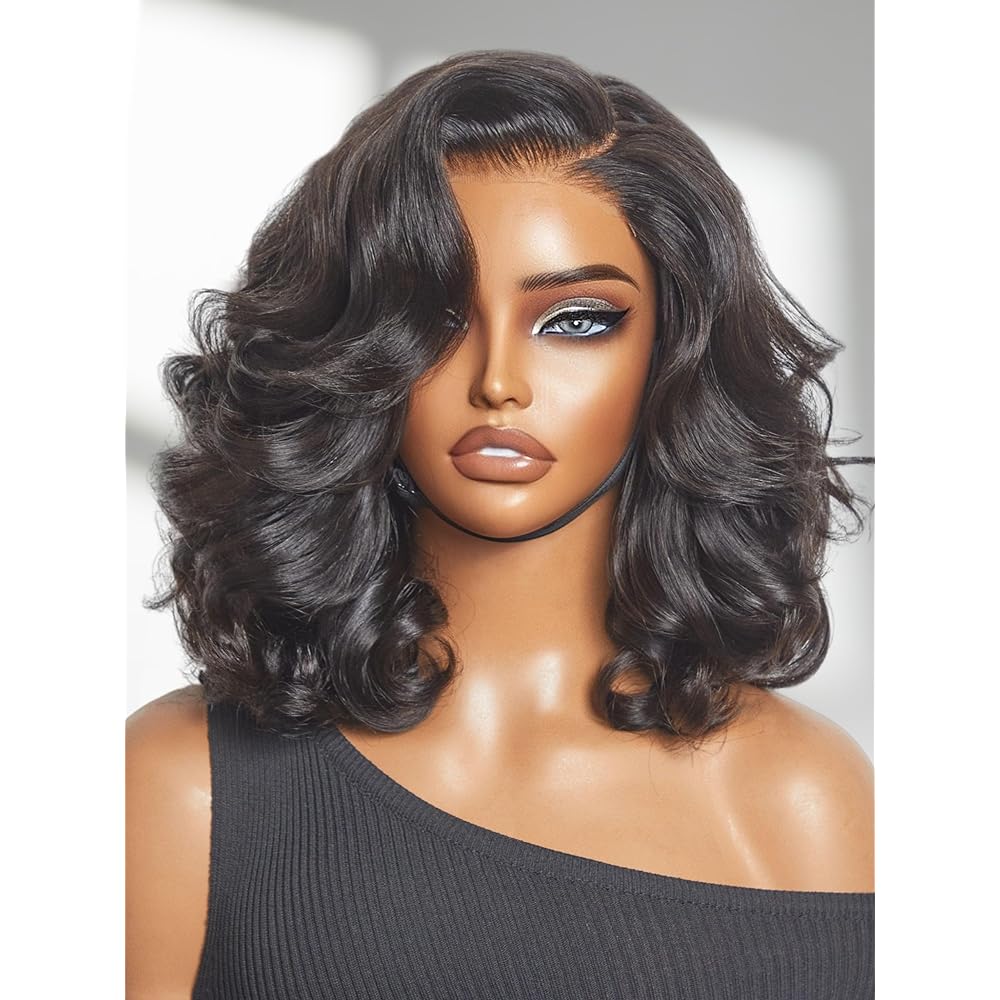 LUVME HAIR 100% Human Hair Wigs Loose Wave Glueless Lace Front 12 Inches, Pre Cut Plucked Hd Lace Short Wig Ready To Go Natural Color Straight Bleached Knots Side Part Black Wigs