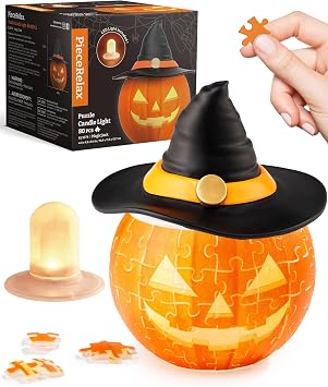PieceRelax Halloween 3D Puzzle Candle Light 80 Pieces - LED Jack O Lantern - Rechargeable Plastic Pumpkins for Indoor & Outdoor Spooky Decorations, Magic Jack [KL1074]