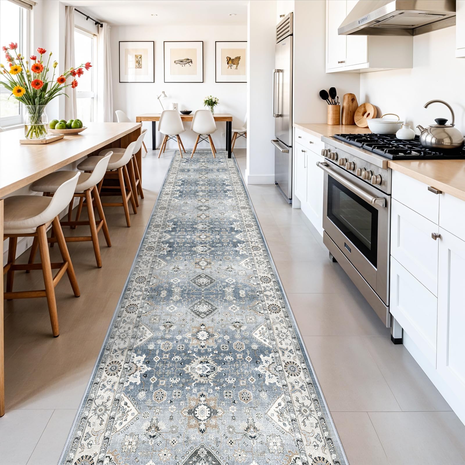 Washable 3x16 Long Entryway Runners: Vintage Soft Runner for Living Room Bedroom Non-Slip Stain Resistant Carpet for Entryway Kitchen Ultra Thin Bathroom Carpet for Laudry Dining Room(Grey,3x16)